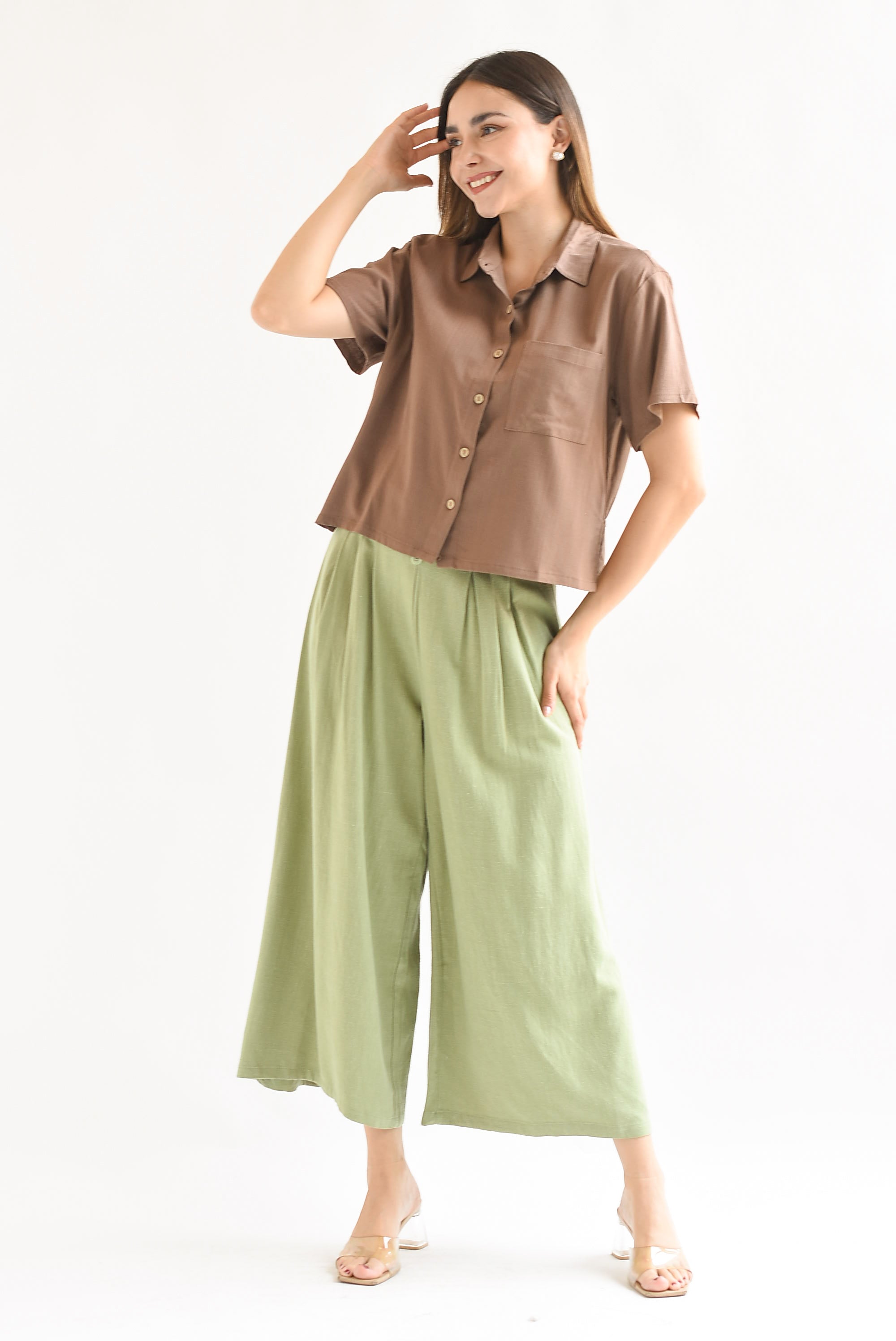 Pantalón culotte tipo lino Verde Pistache