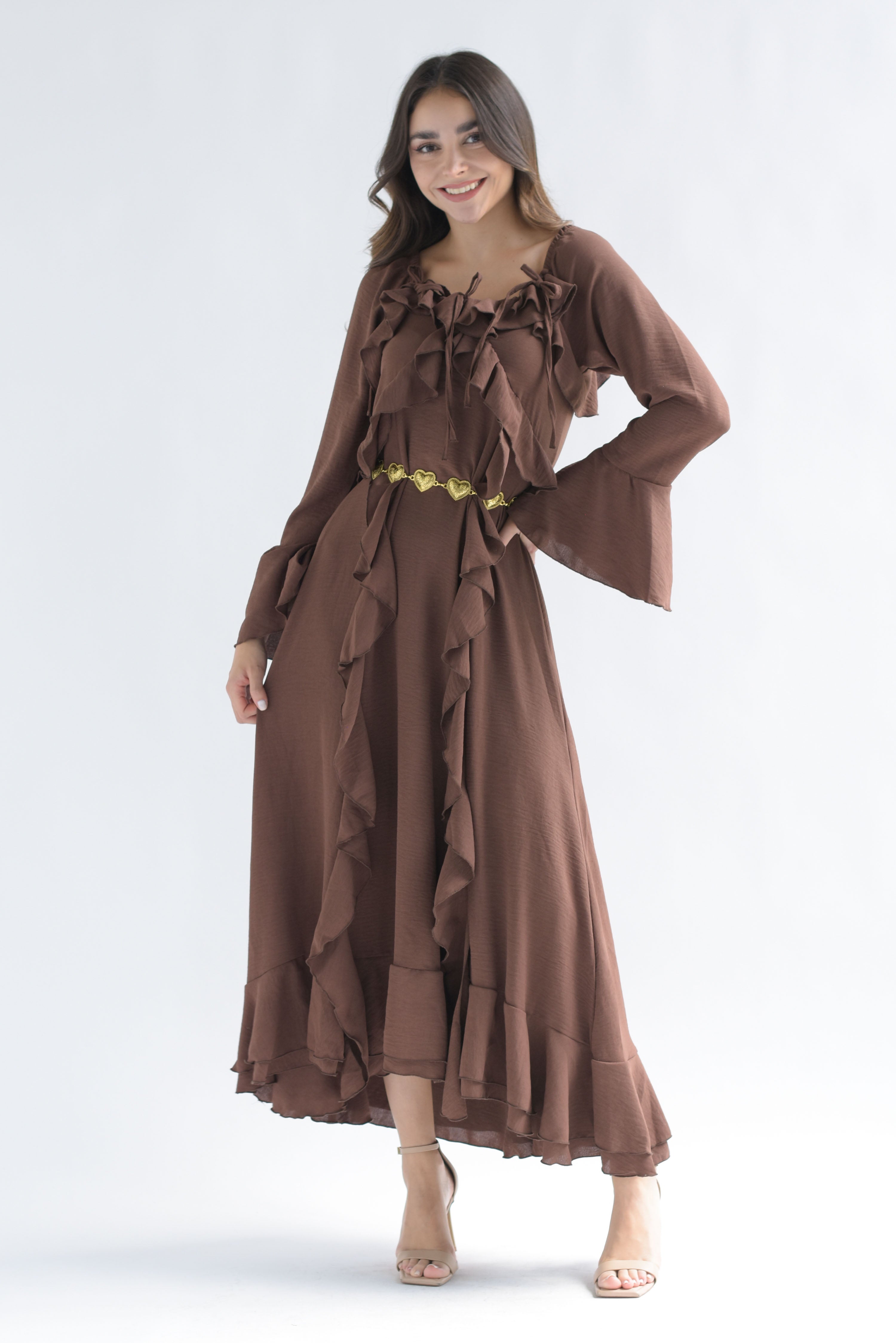 Vestido largo olanes y lazos Café