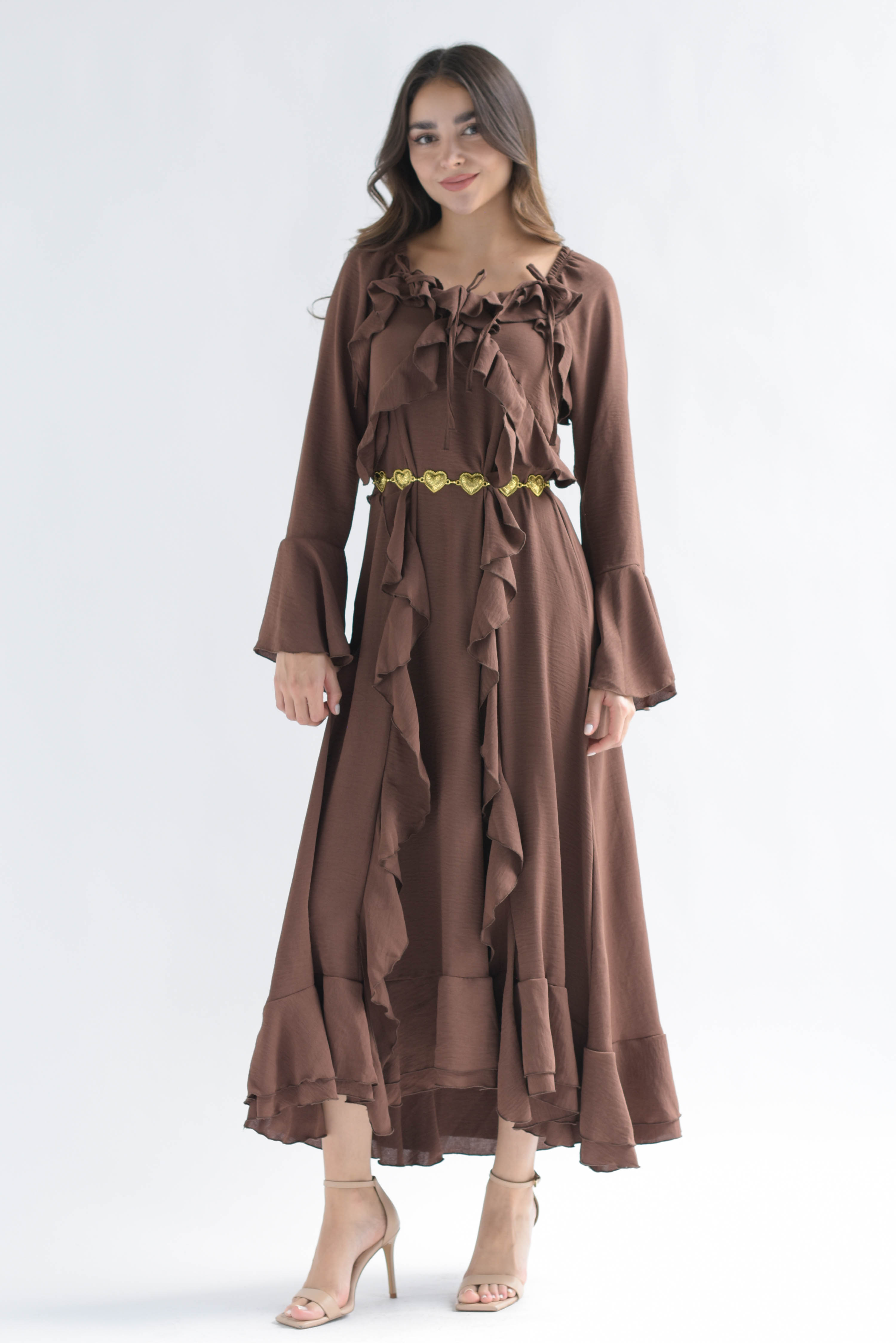 Vestido largo olanes y lazos Café