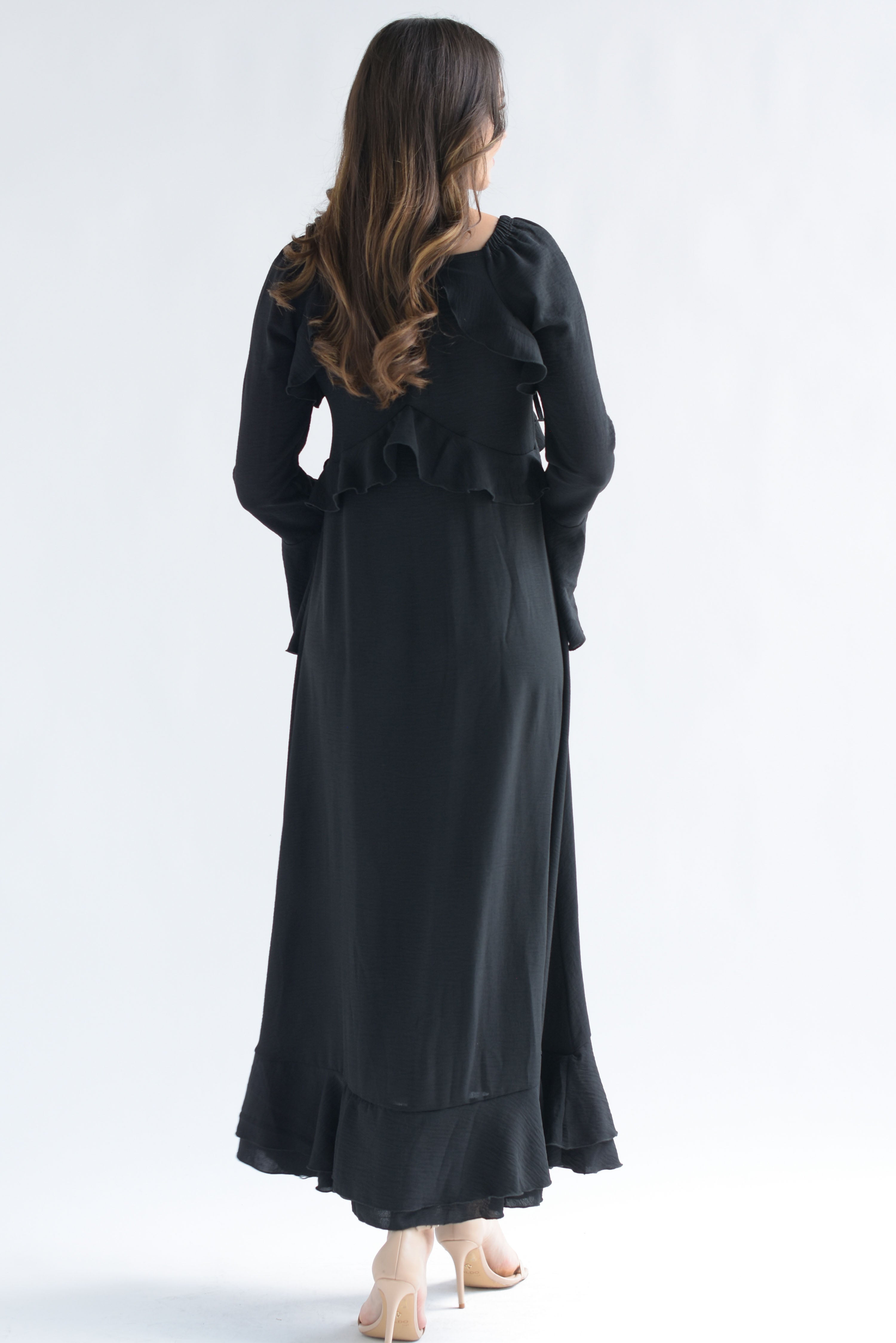 Vestido largo olanes y lazos Negro