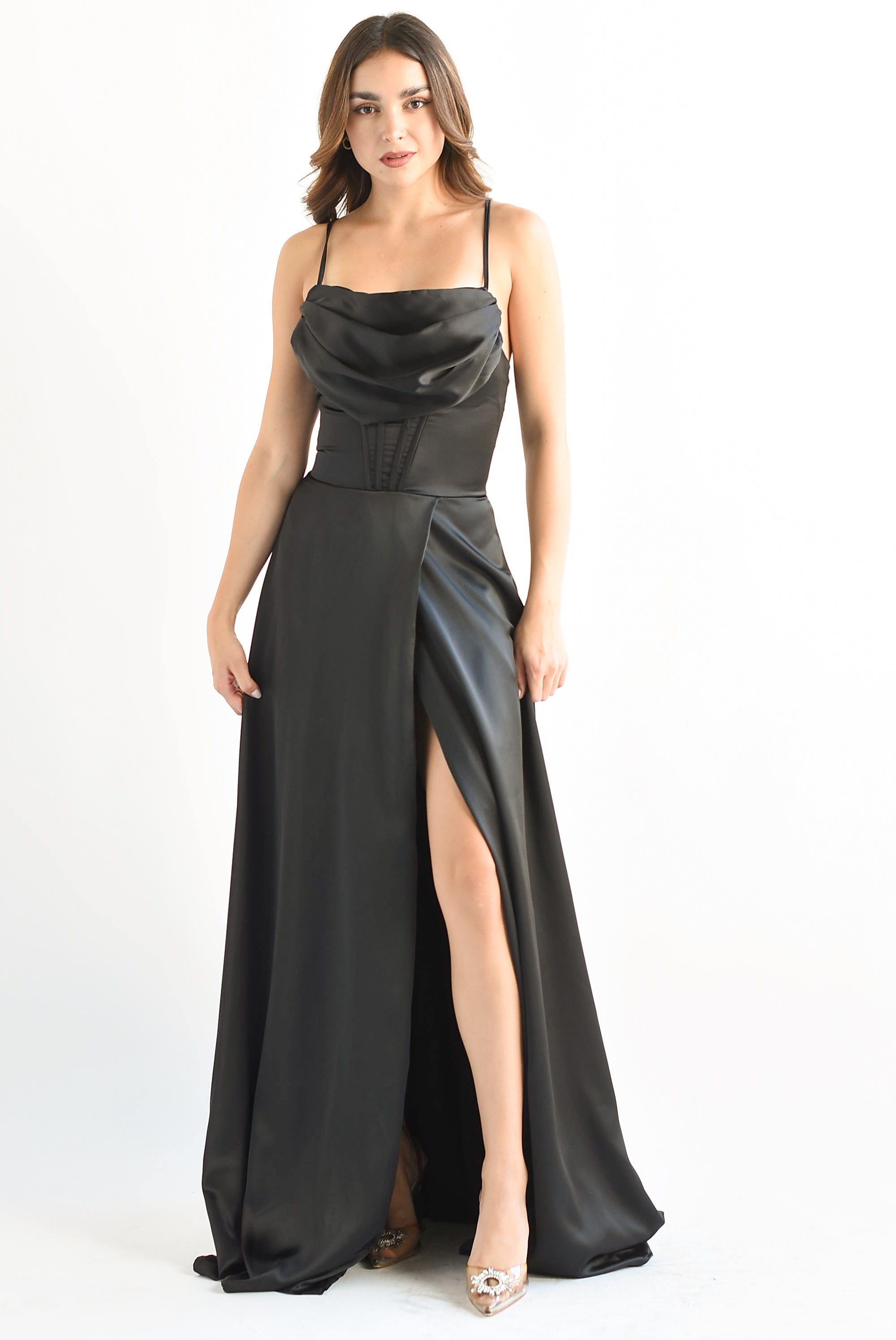 Vestido largo con corset satín Negro