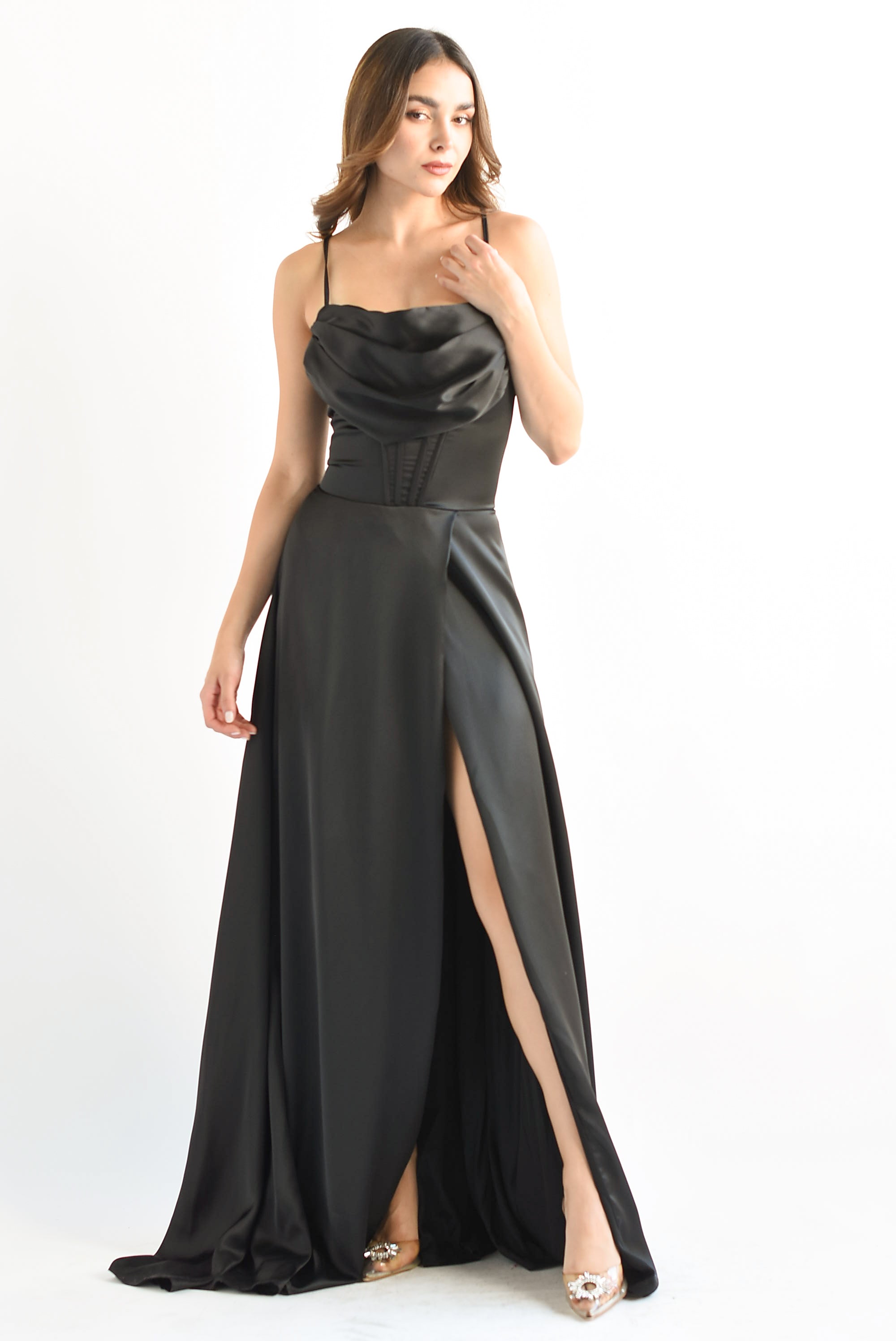 Vestido largo con corset satín Negro
