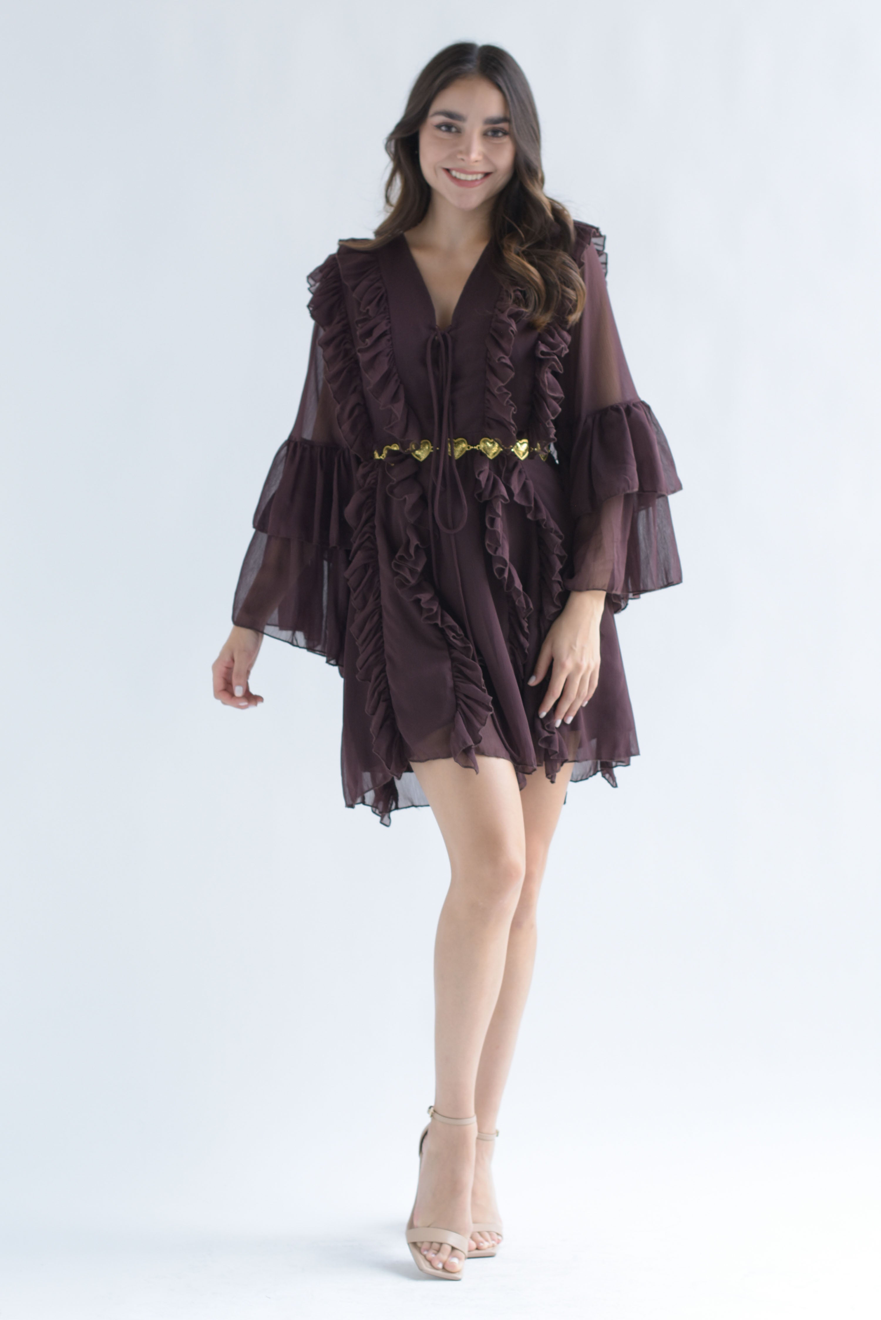 Vestido corto olanes agujeta Espresso