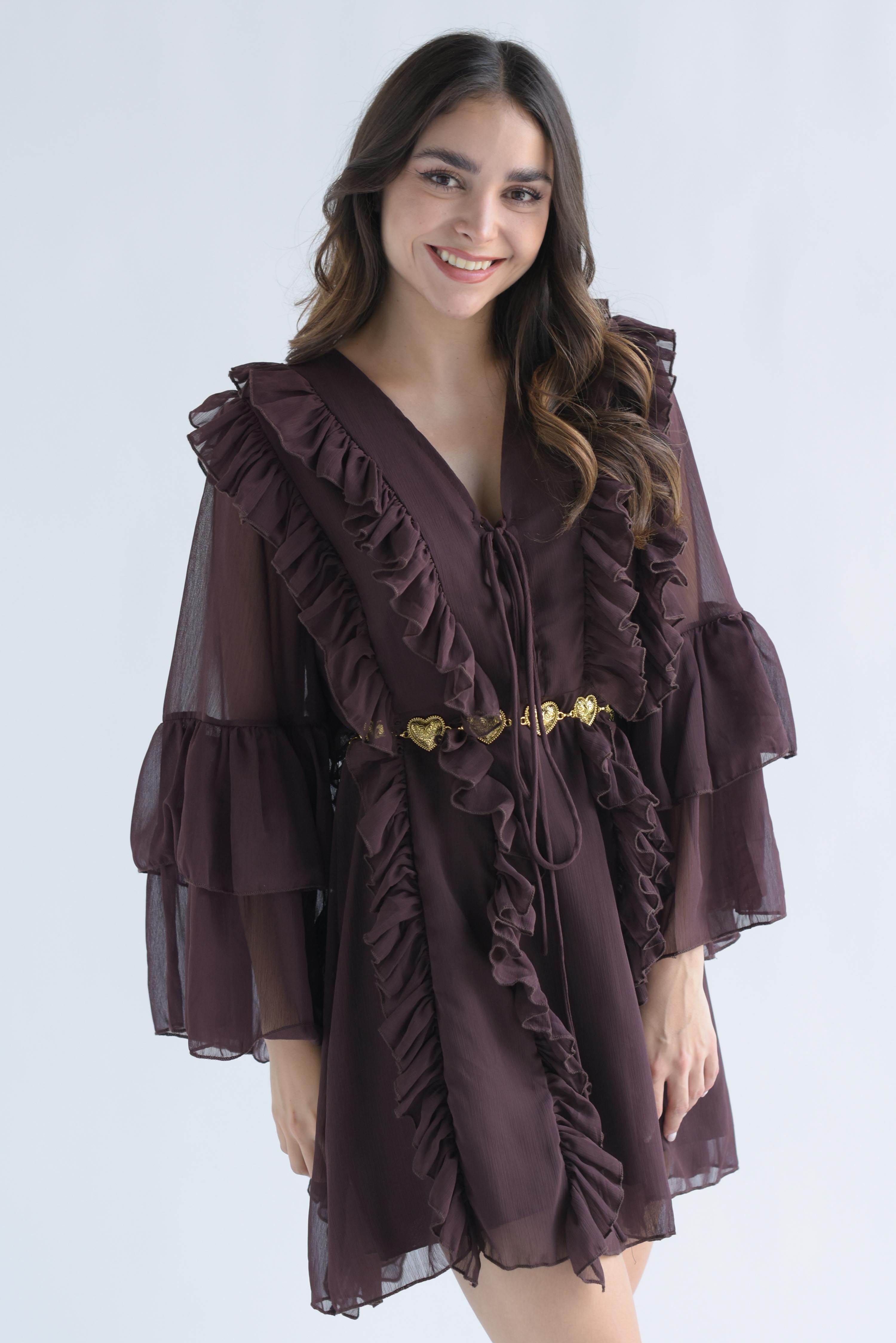 Vestido corto olanes agujeta Espresso