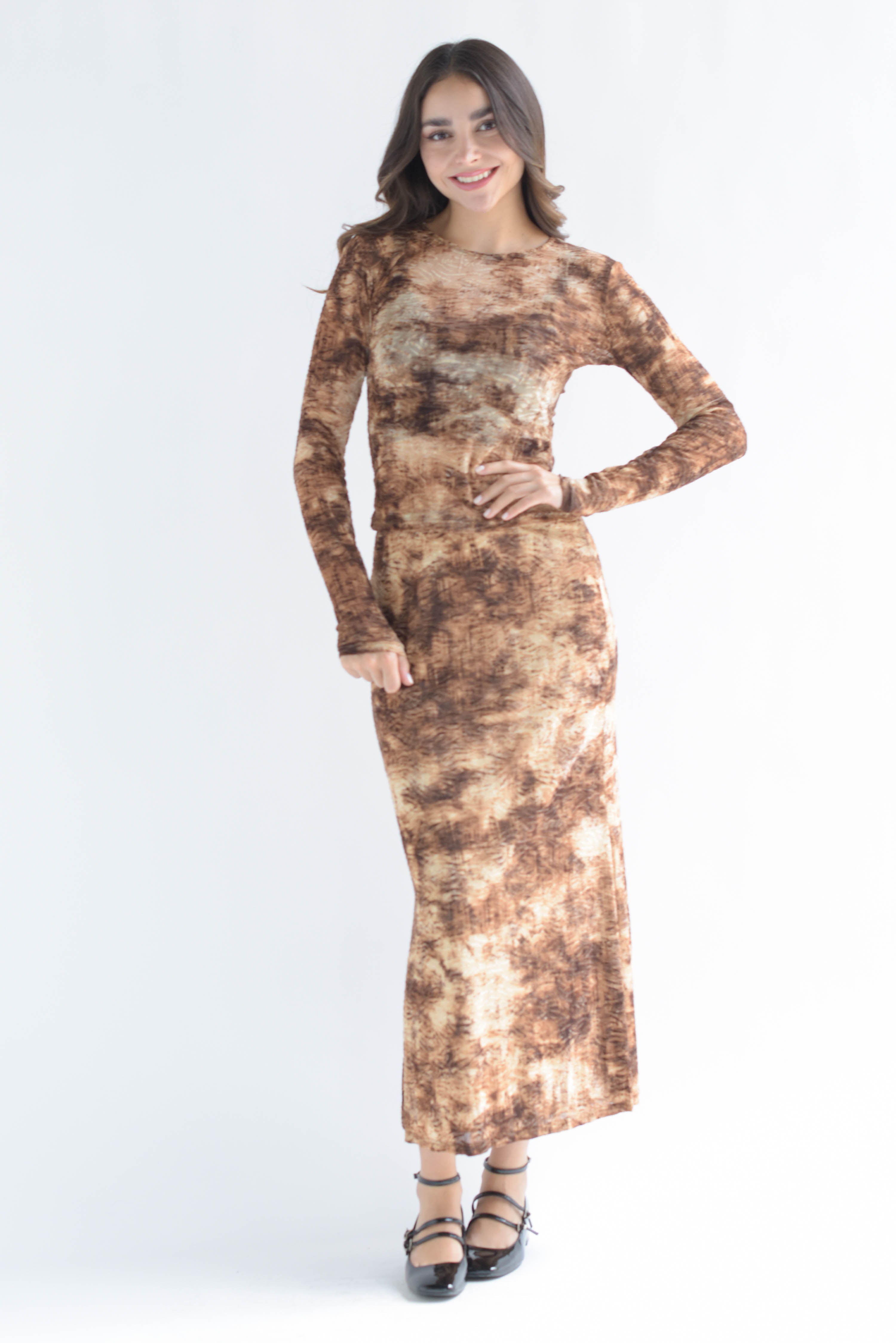 Set Falda y Blusa mesh texturizado Café