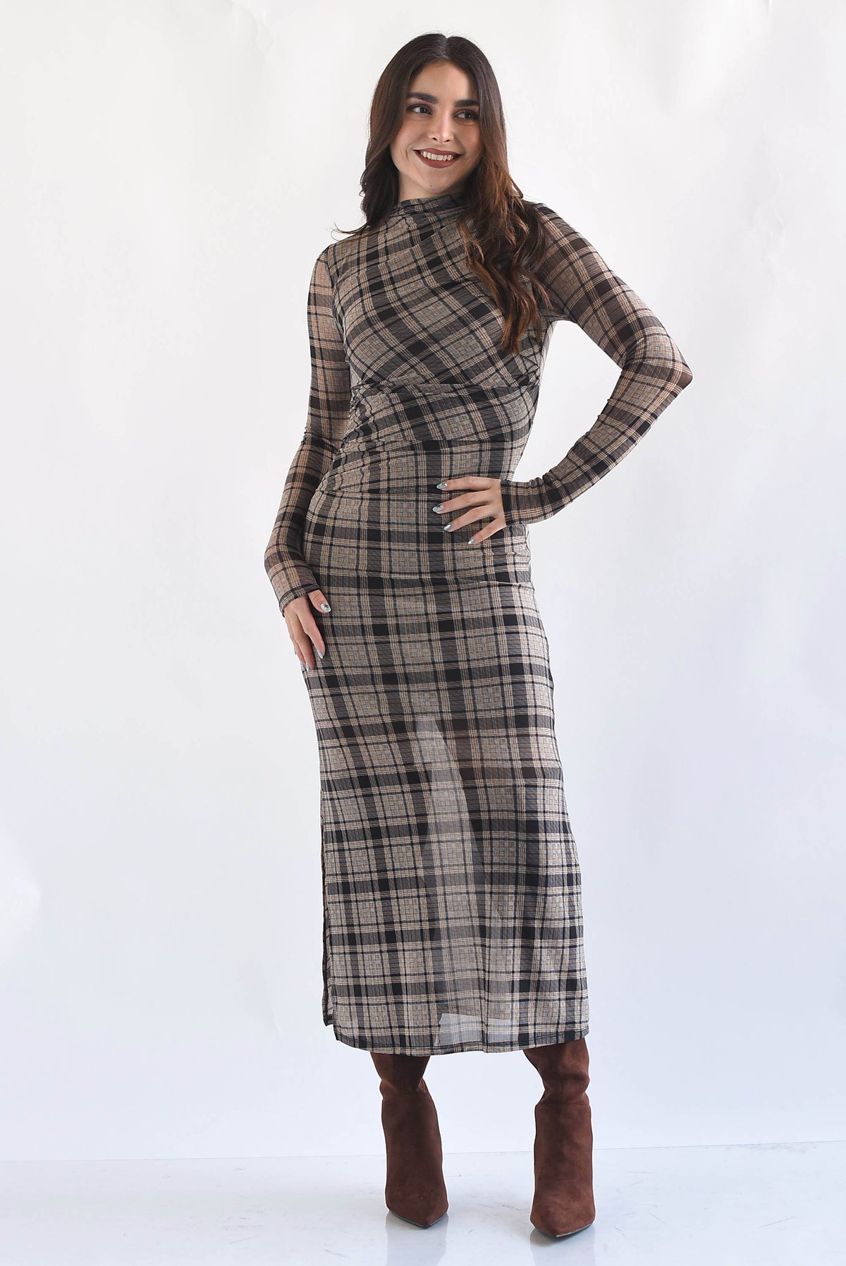 Vestido mesh drapeado cuadros