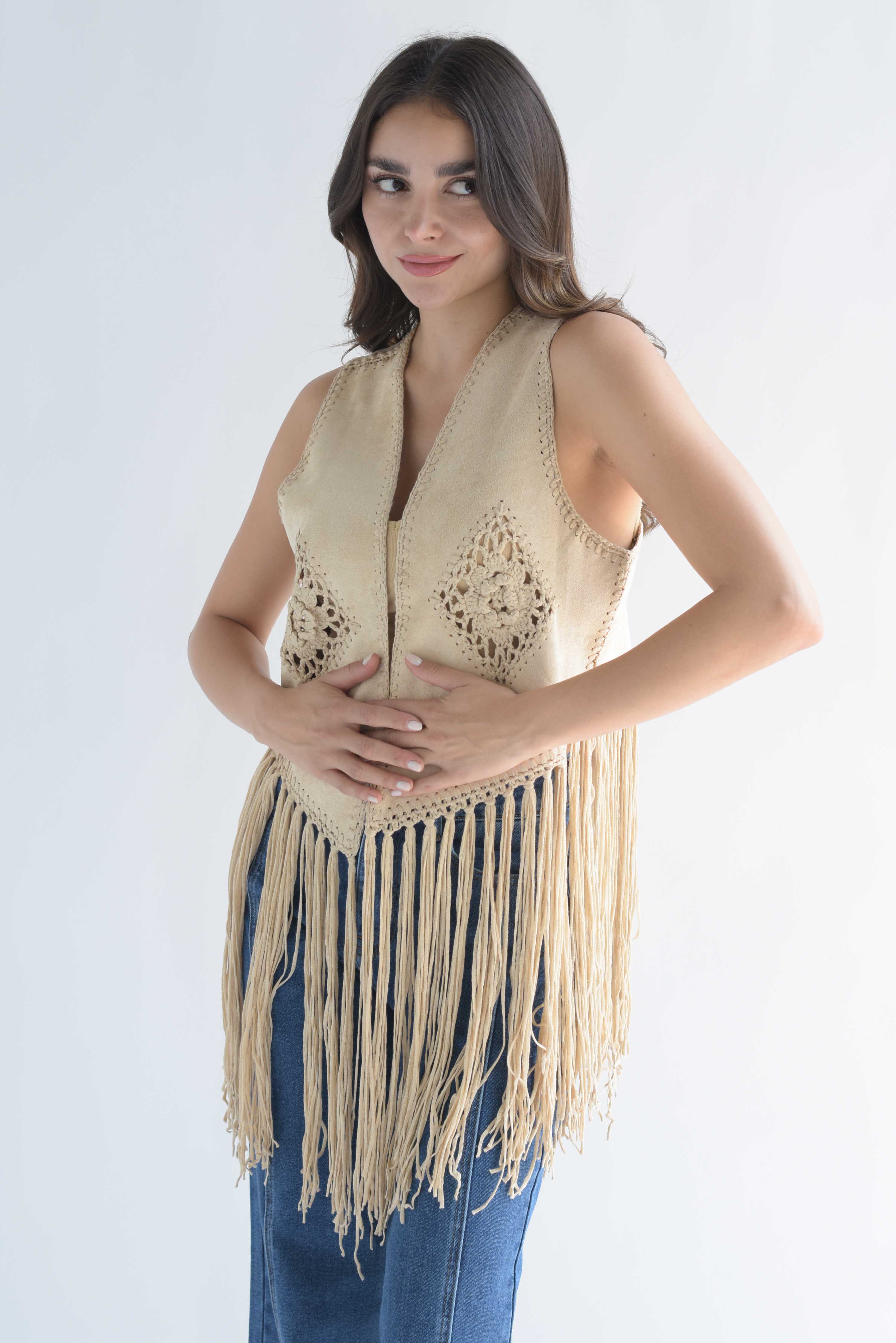 Chaleco crochet  flecos suede Beige