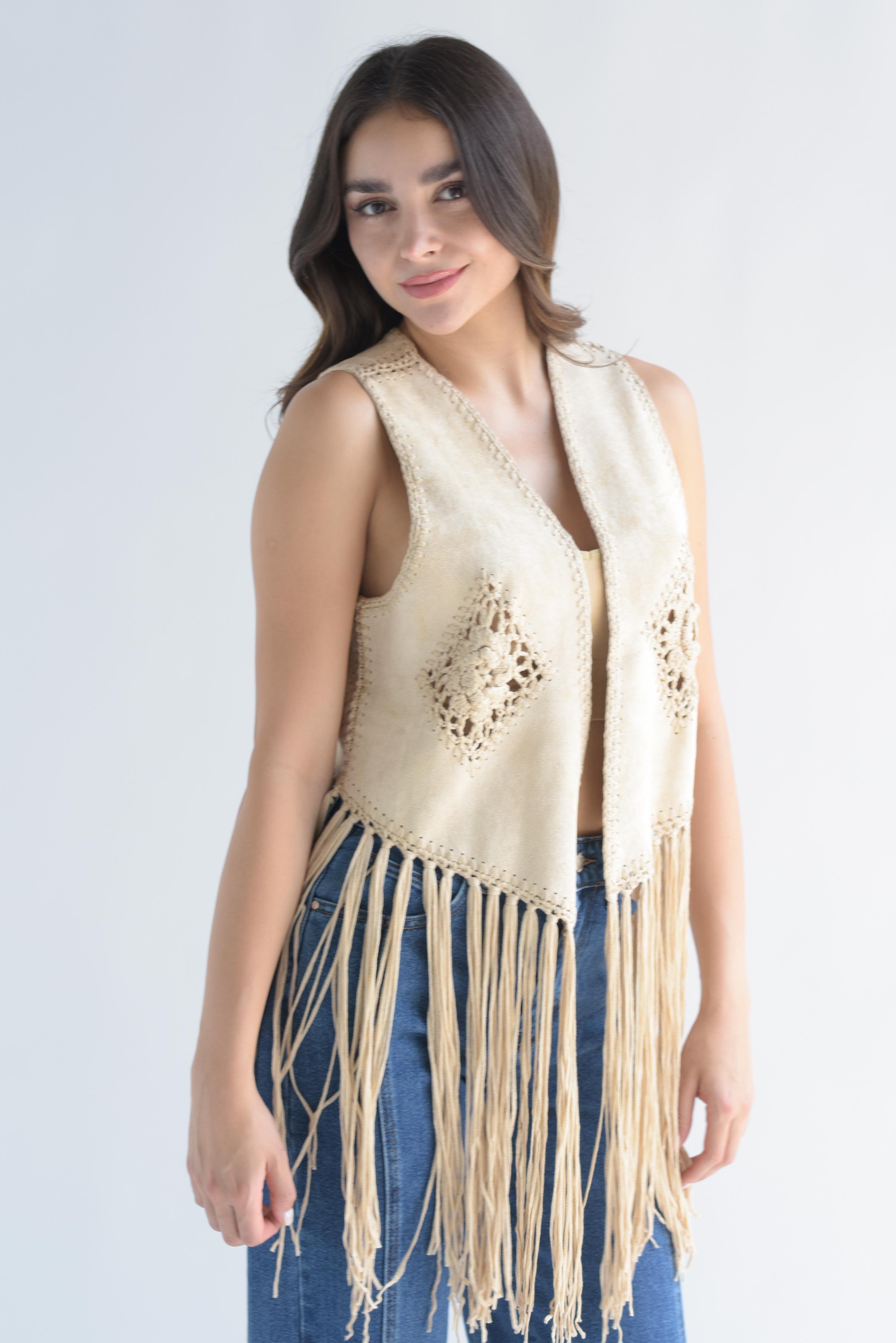 Chaleco crochet  flecos suede Beige