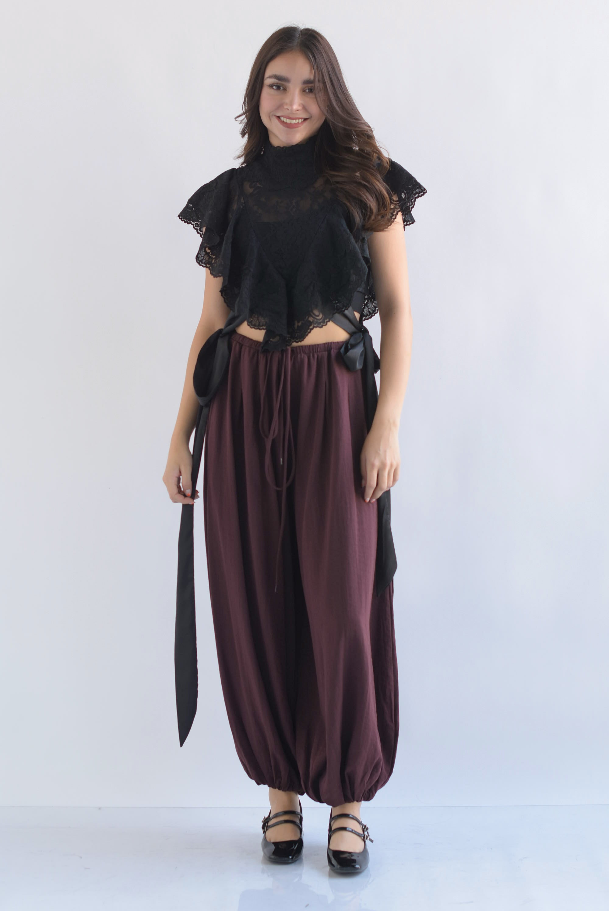 Pantalón globo jareta pinzas Café