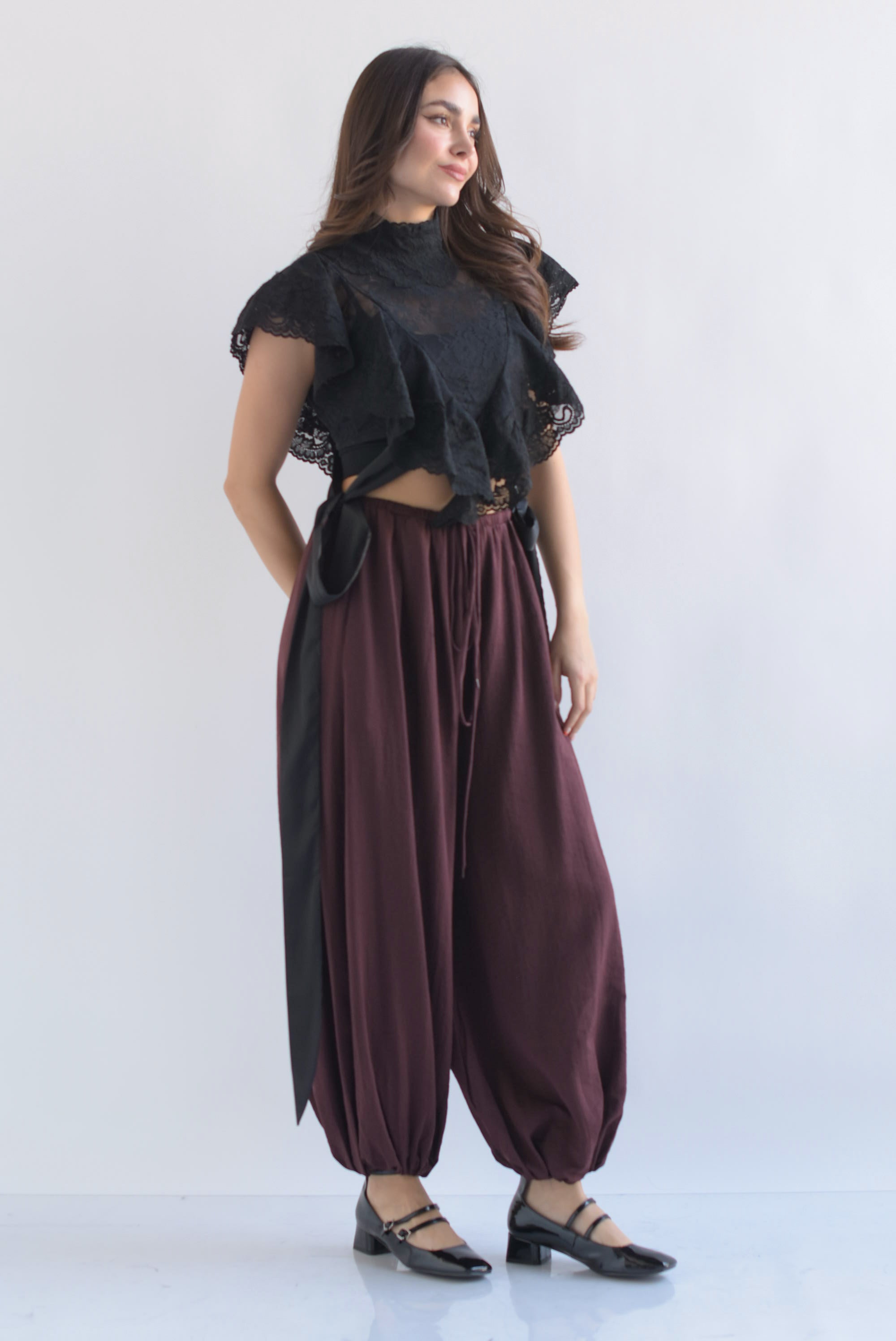 Pantalón globo jareta pinzas Café