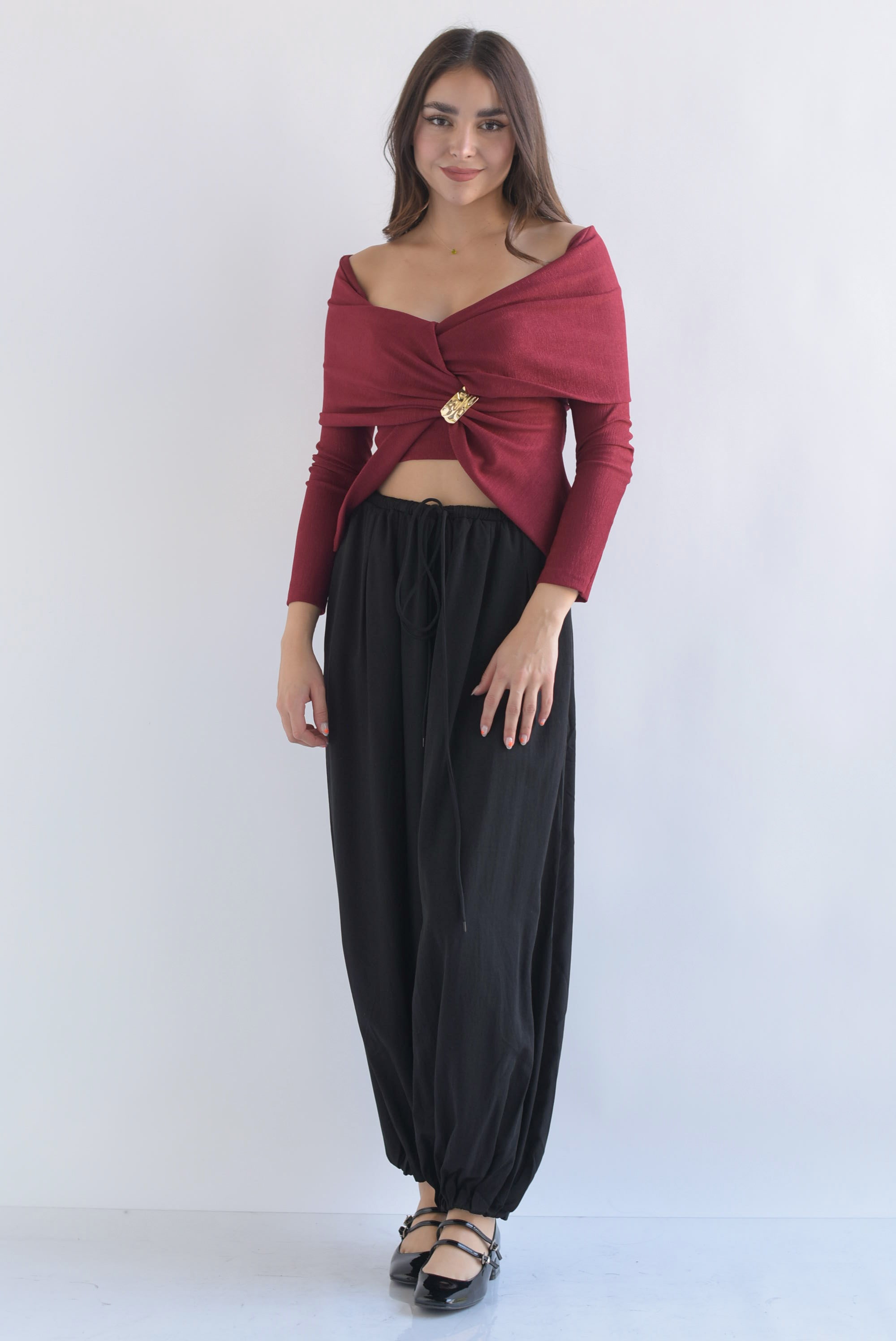 Pantalón globo jareta pinzas Negro