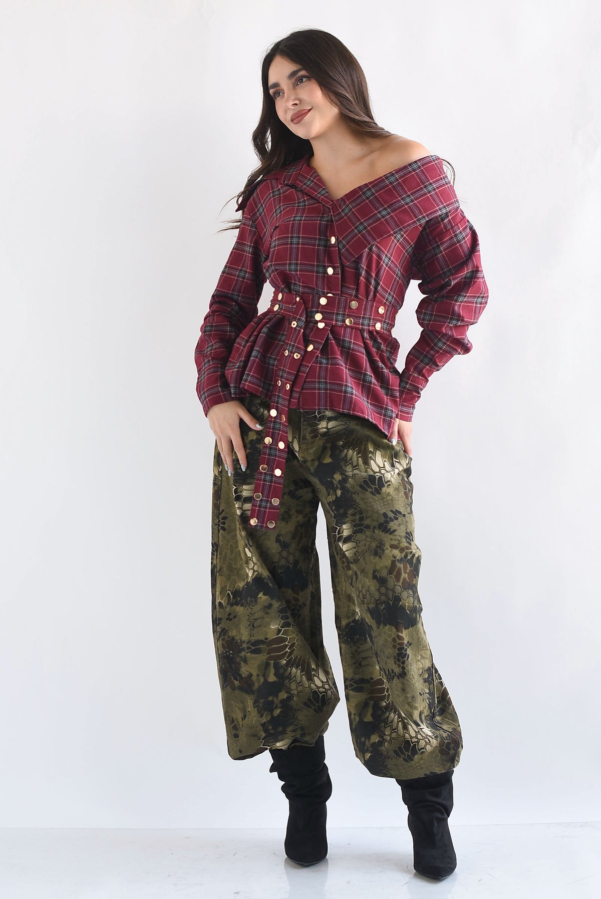 Camisa cuello asimétrico franela cuadros