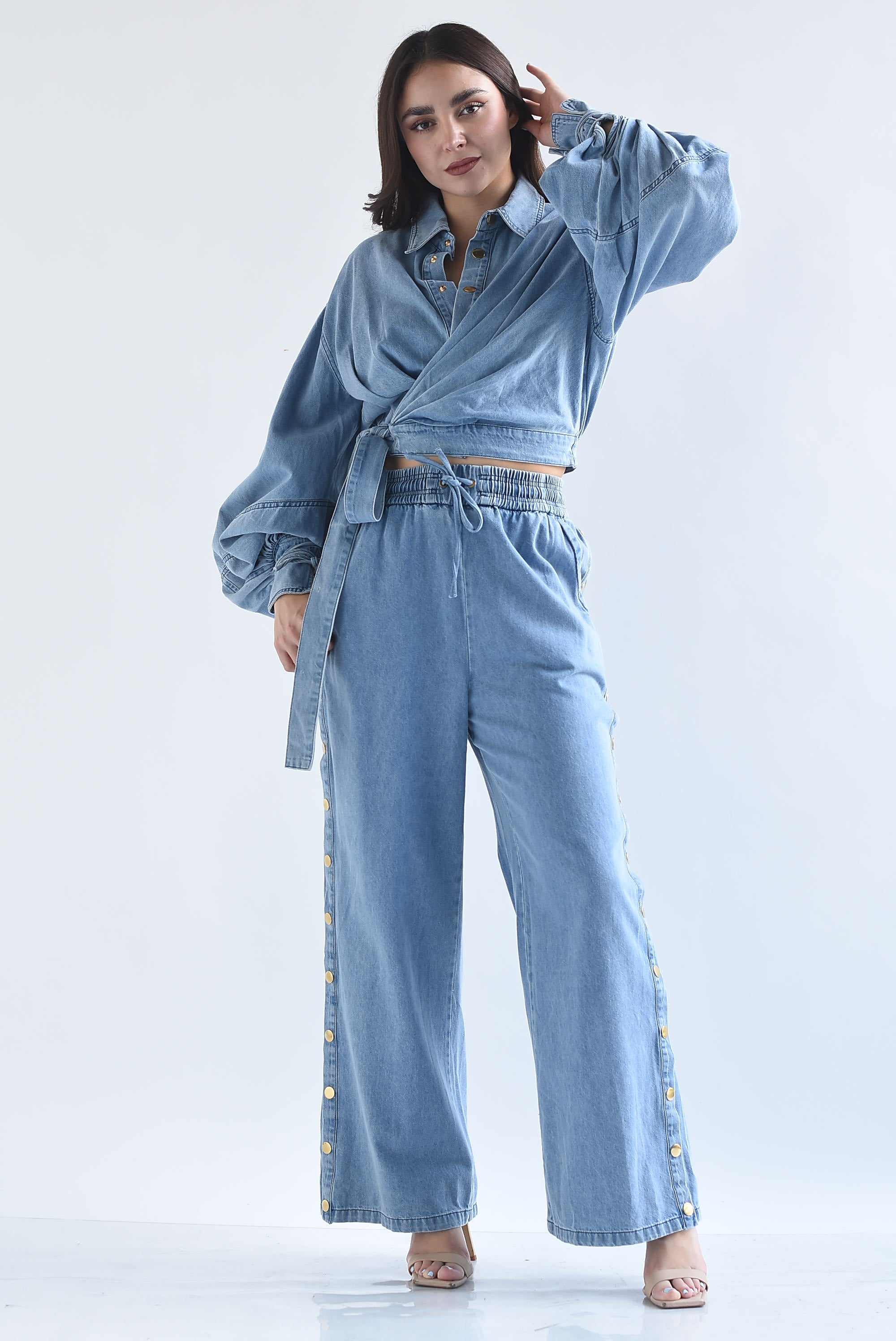 Set Pantalón broches y Shacket cintas Denim