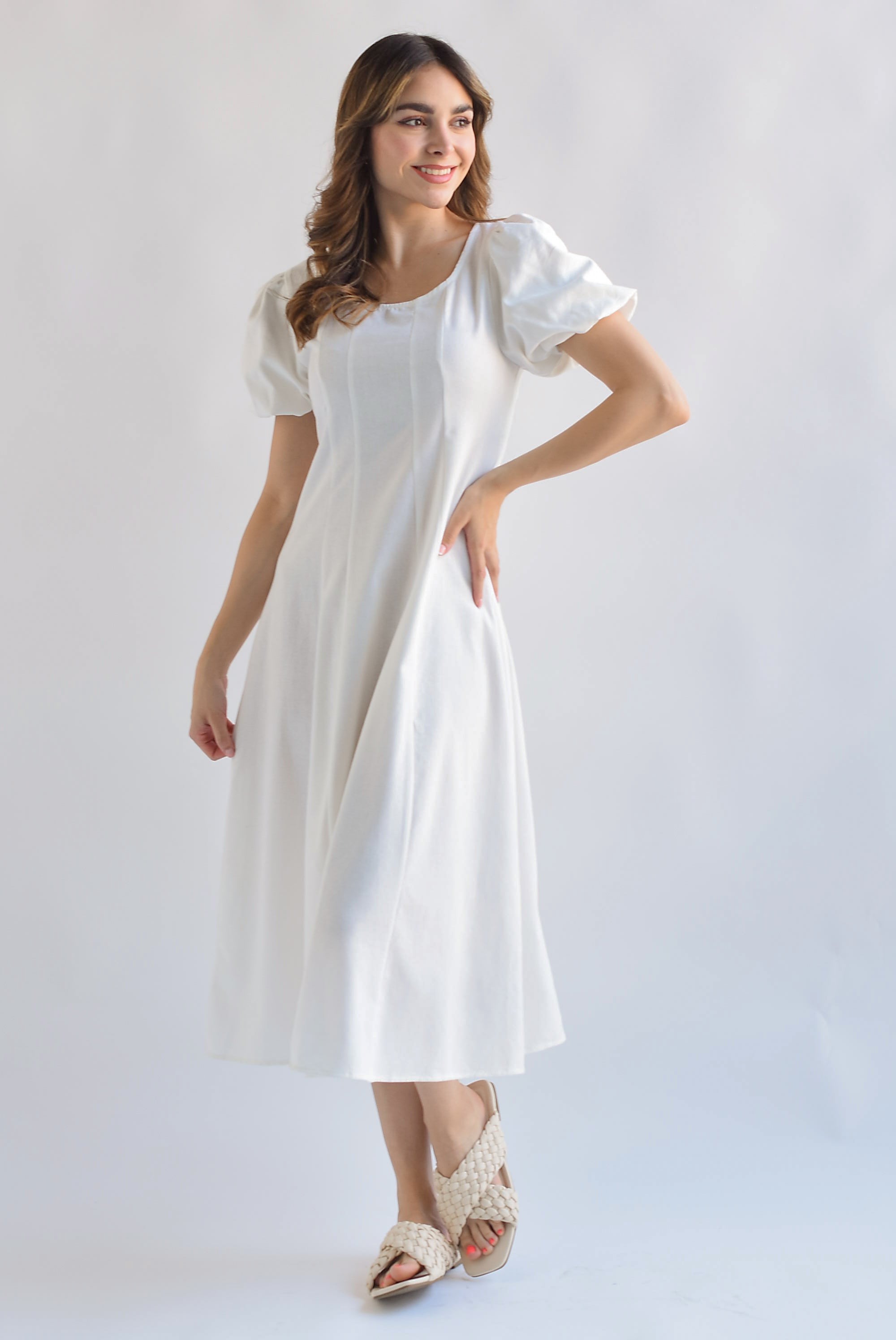 Vestido lino manga puffy  Blanco