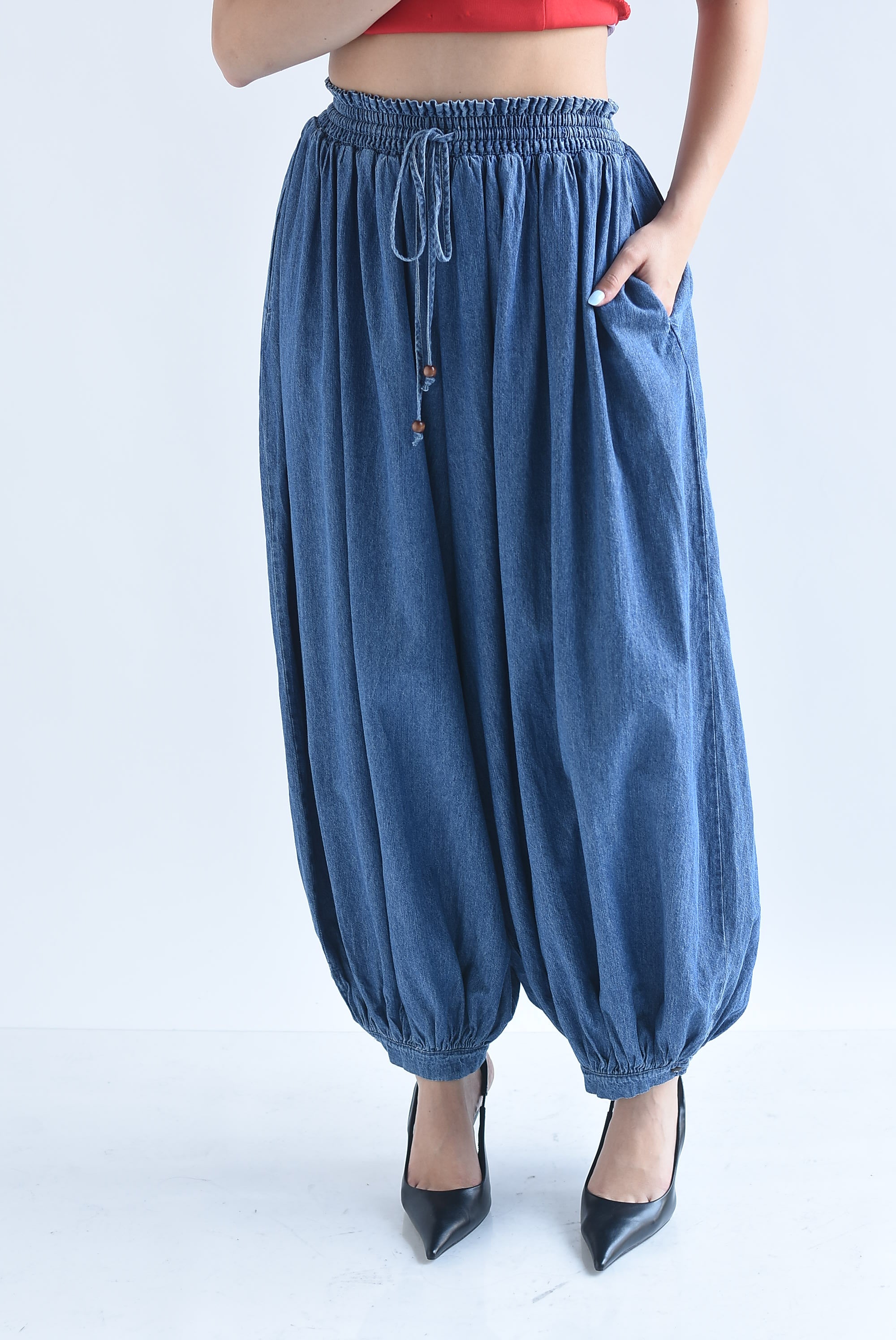 Pantalón globo cintura elástica Denim