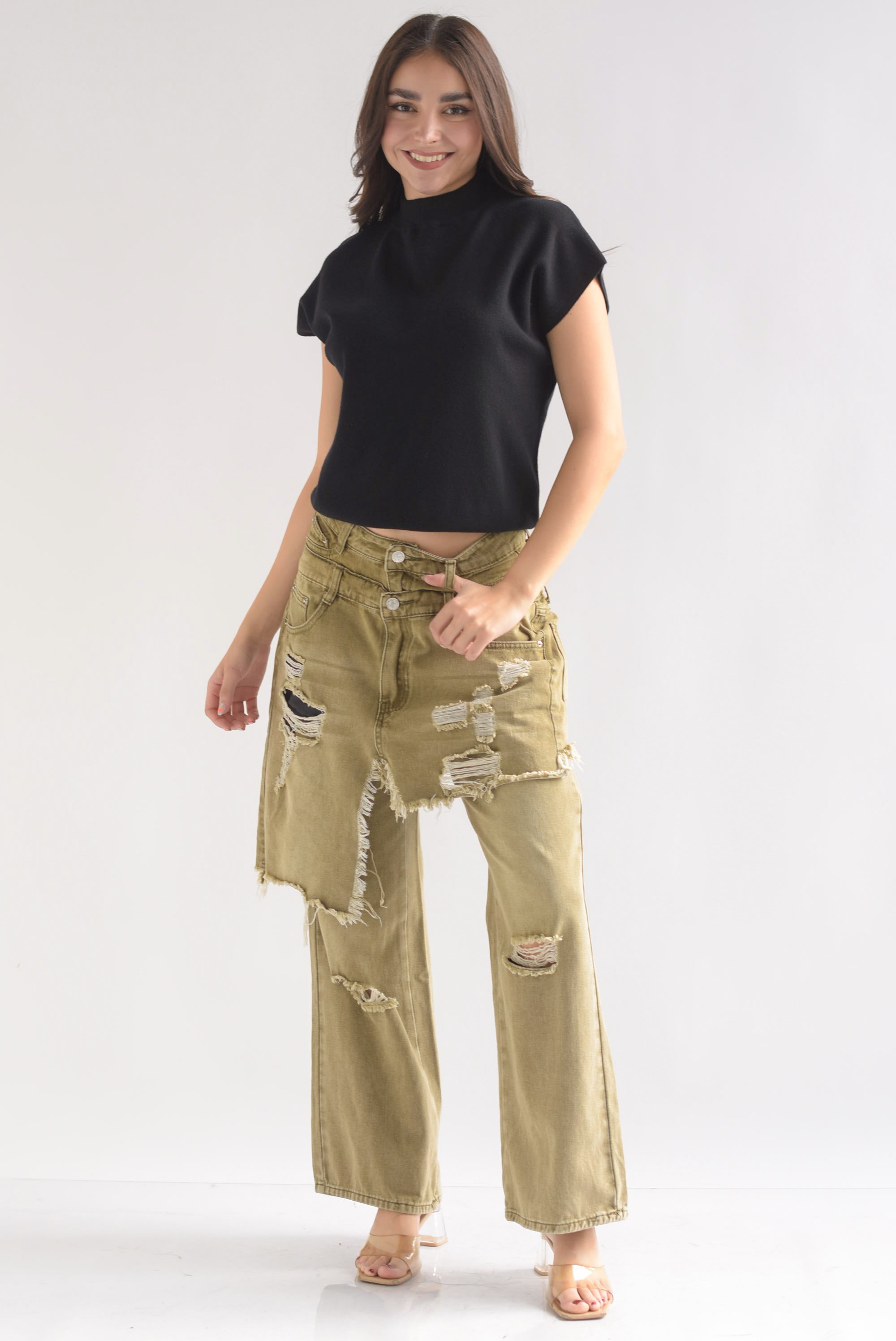 Blusa punto manga corta cuello redondo Negro