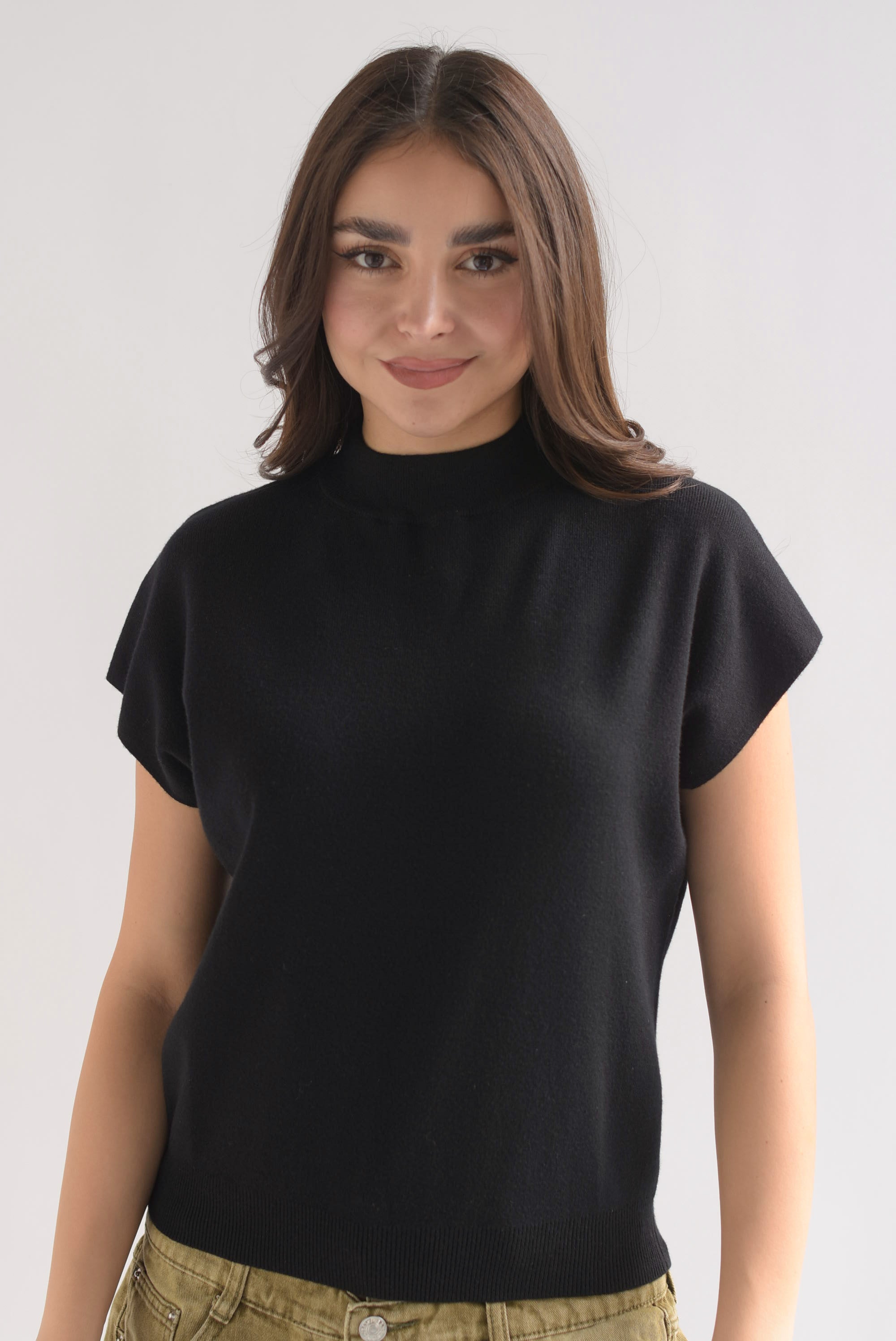 Blusa punto manga corta cuello redondo Negro