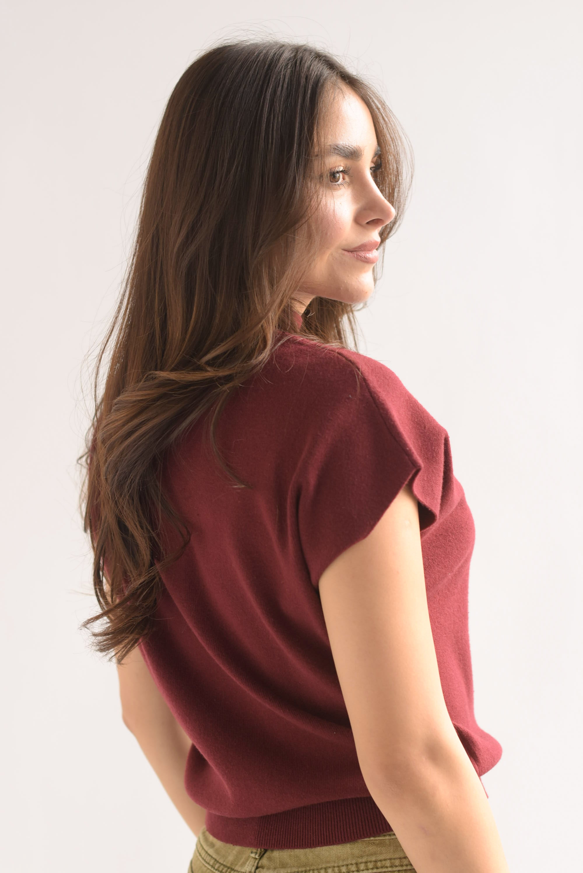 Blusa punto manga corta cuello redondo Vino