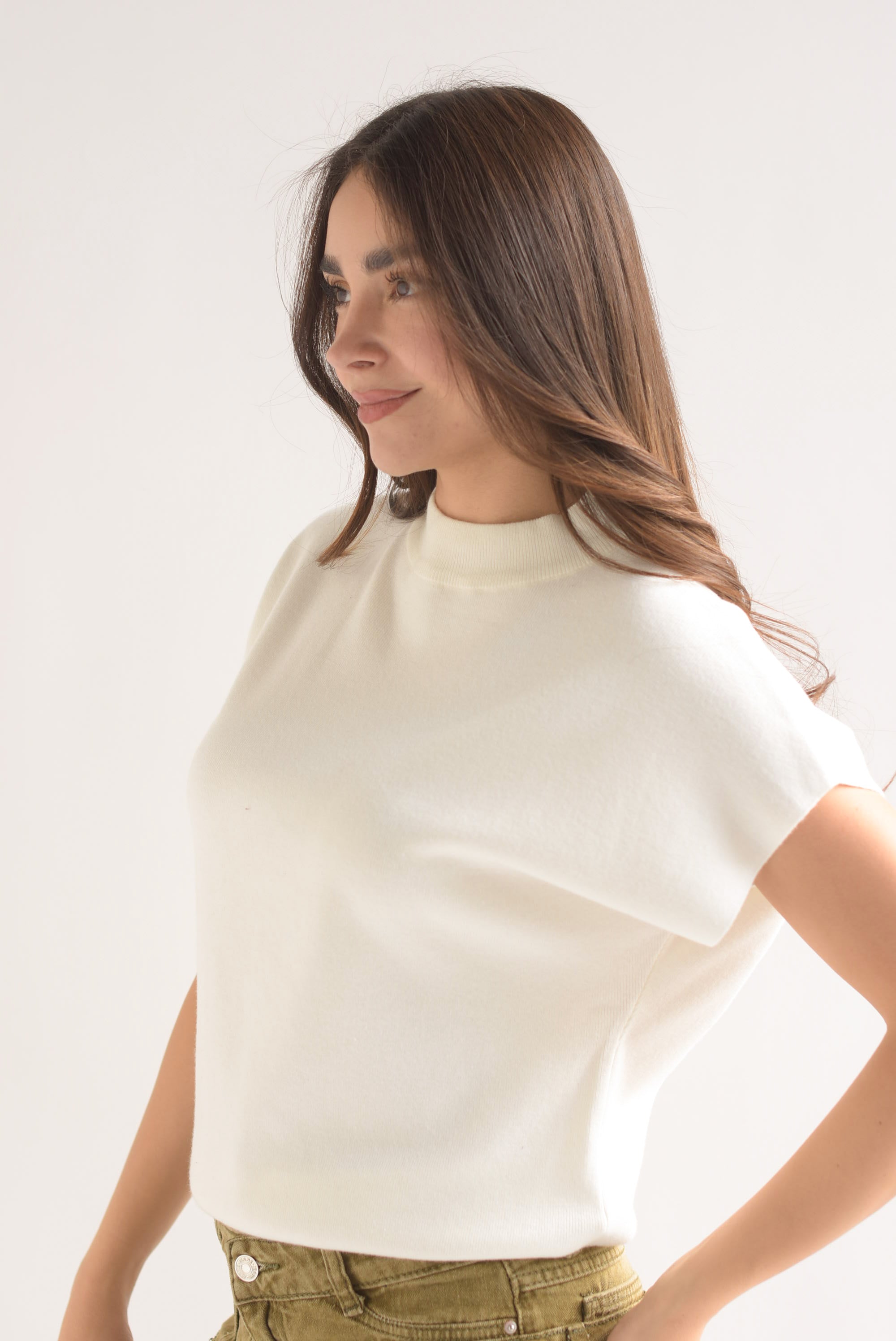 Blusa punto manga corta cuello redondo Blanco