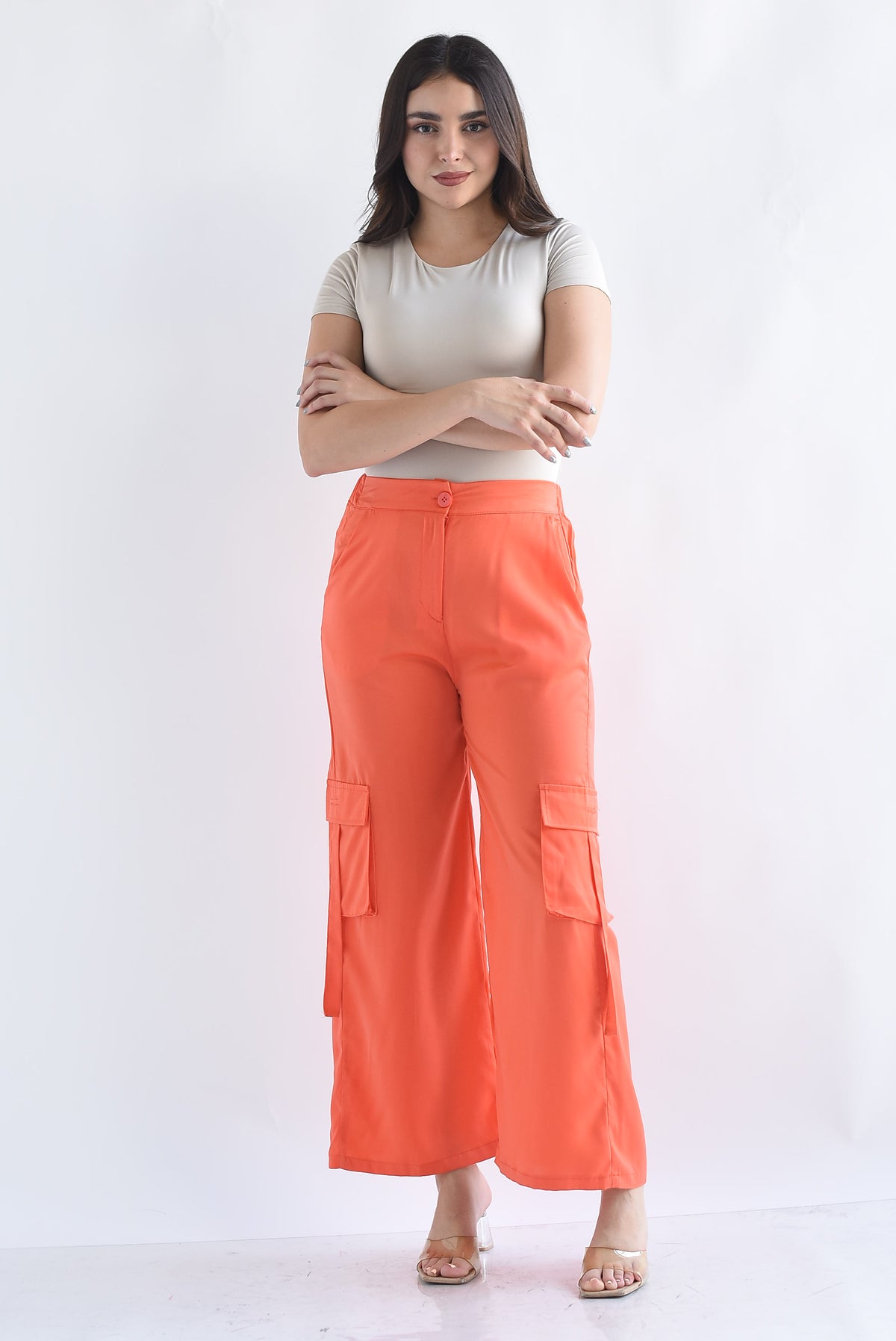 Pantalón pierna ancha satín cargo Naranja