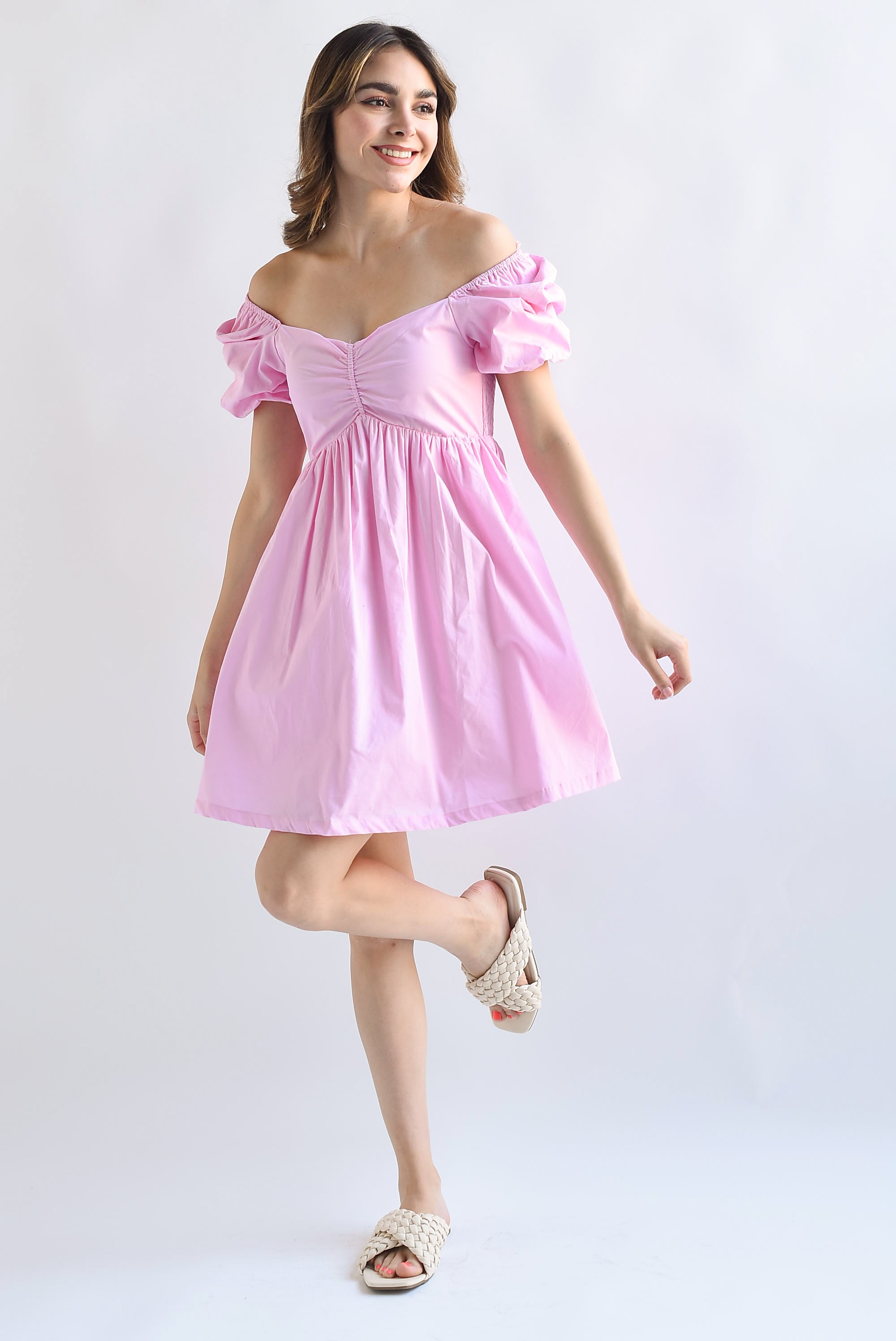 Vestido corto manga puffy Rosa