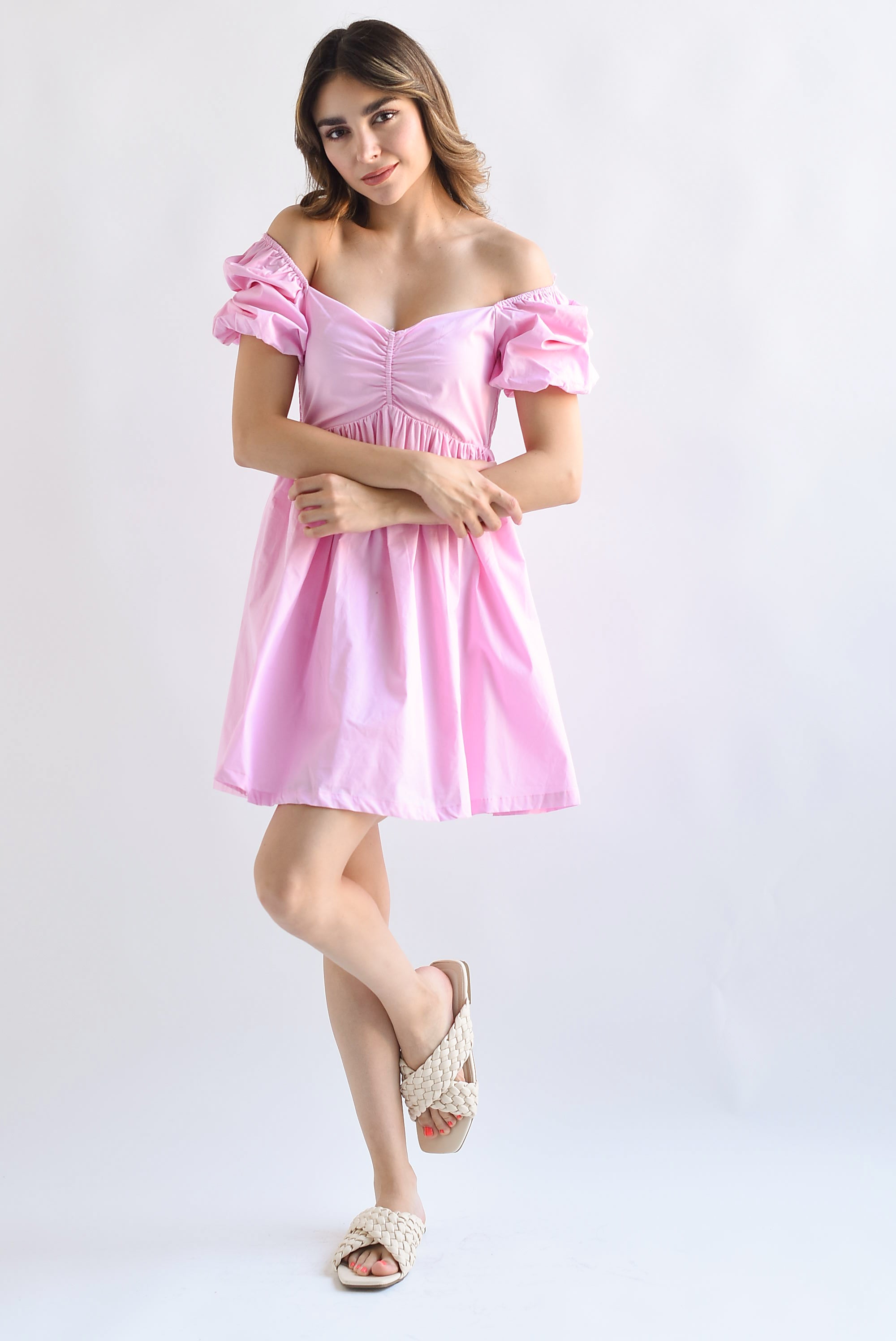 Vestido corto manga puffy Rosa