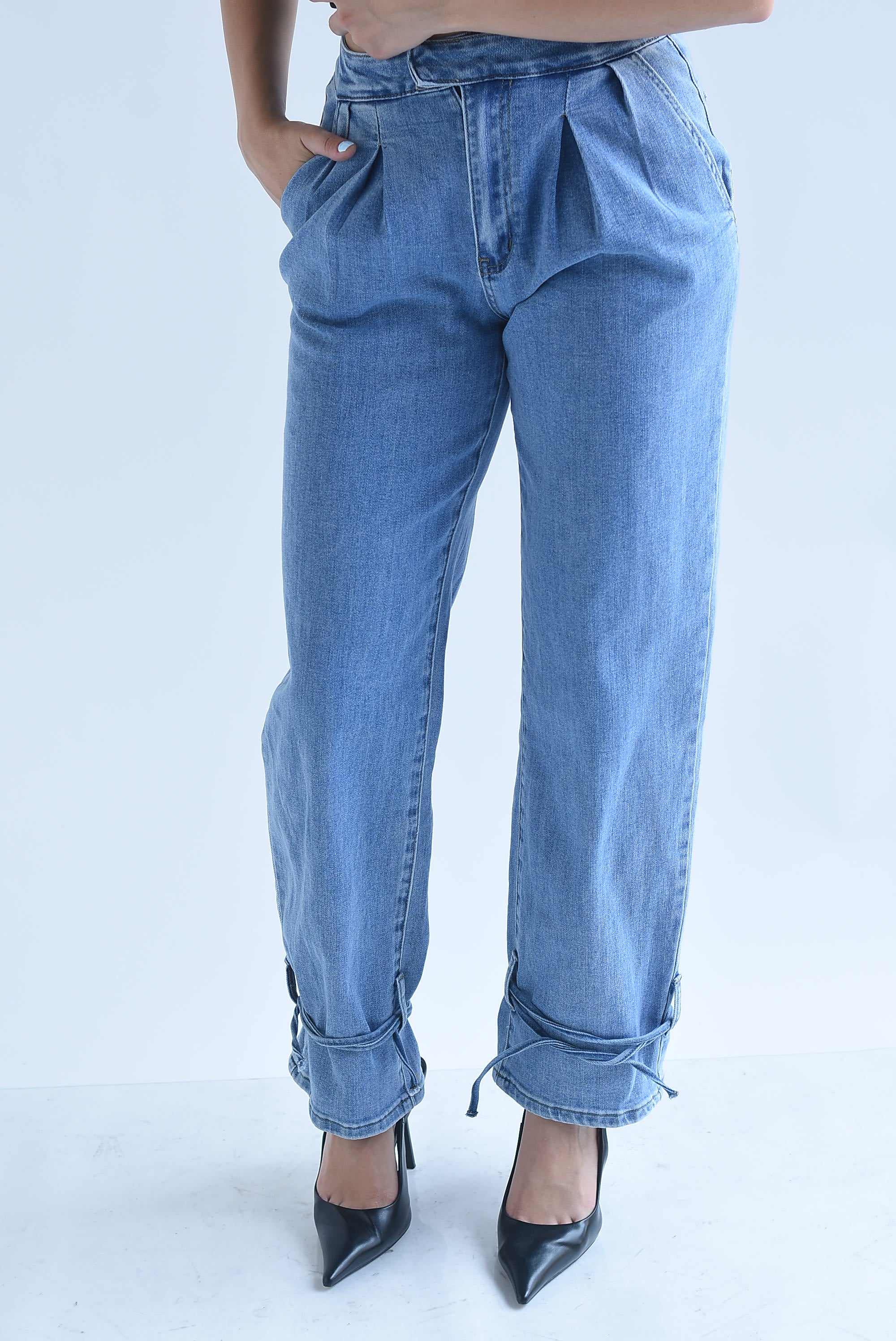 Pantalón globo tobillos cintas Denim