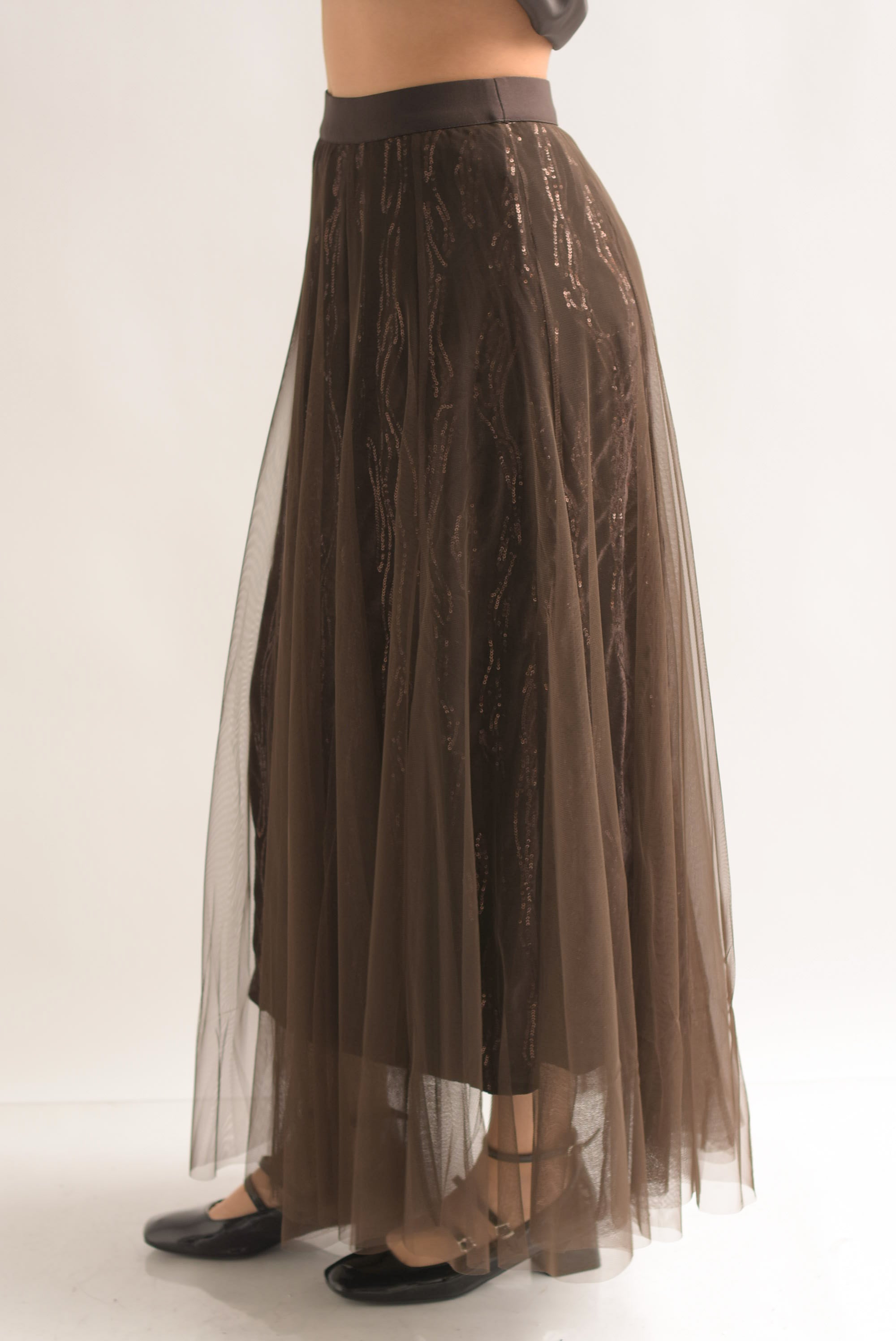 Falda terciopelo lentejuelas con tulle en sobreposición