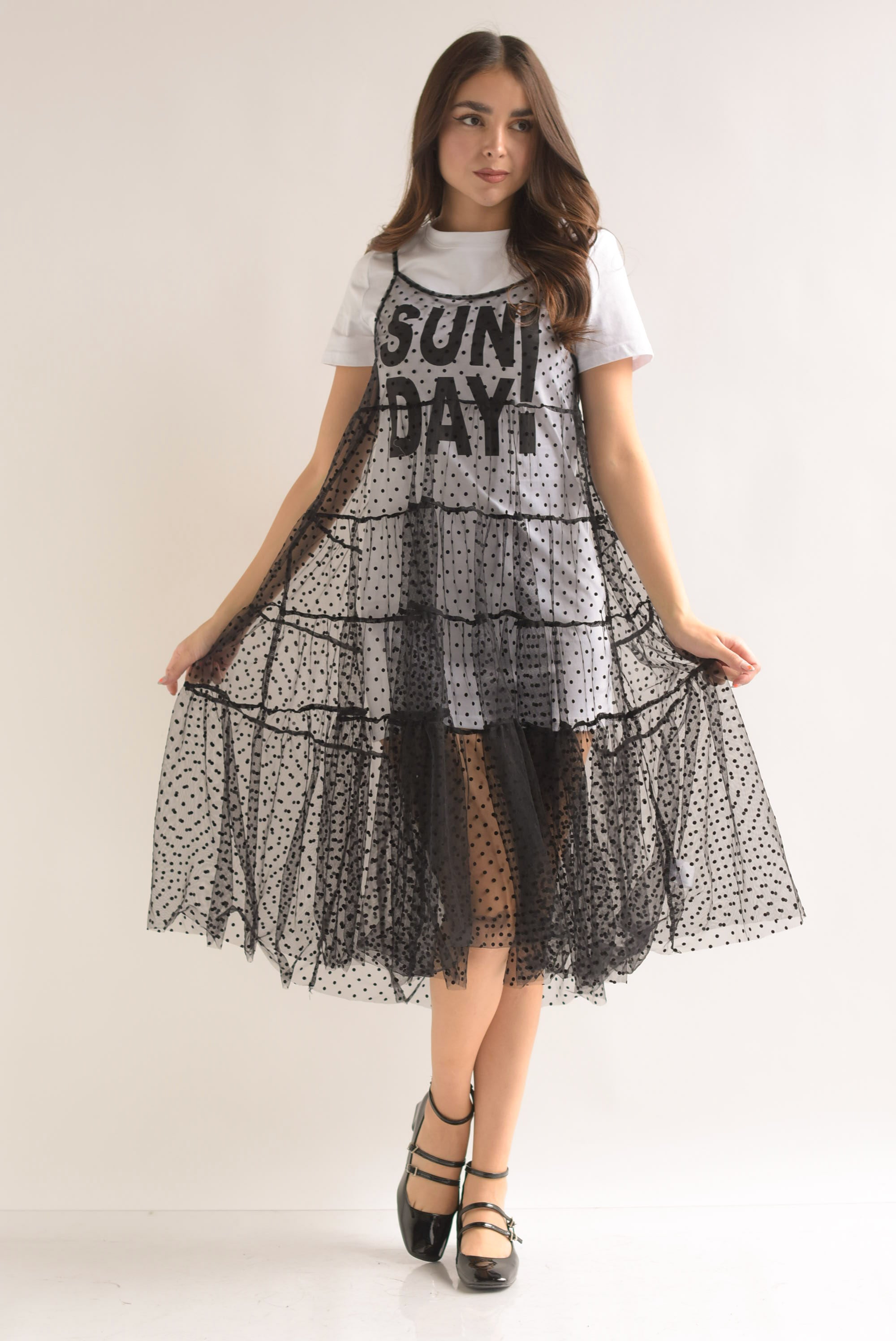 T-shirt dress con vestido mesh polka dots