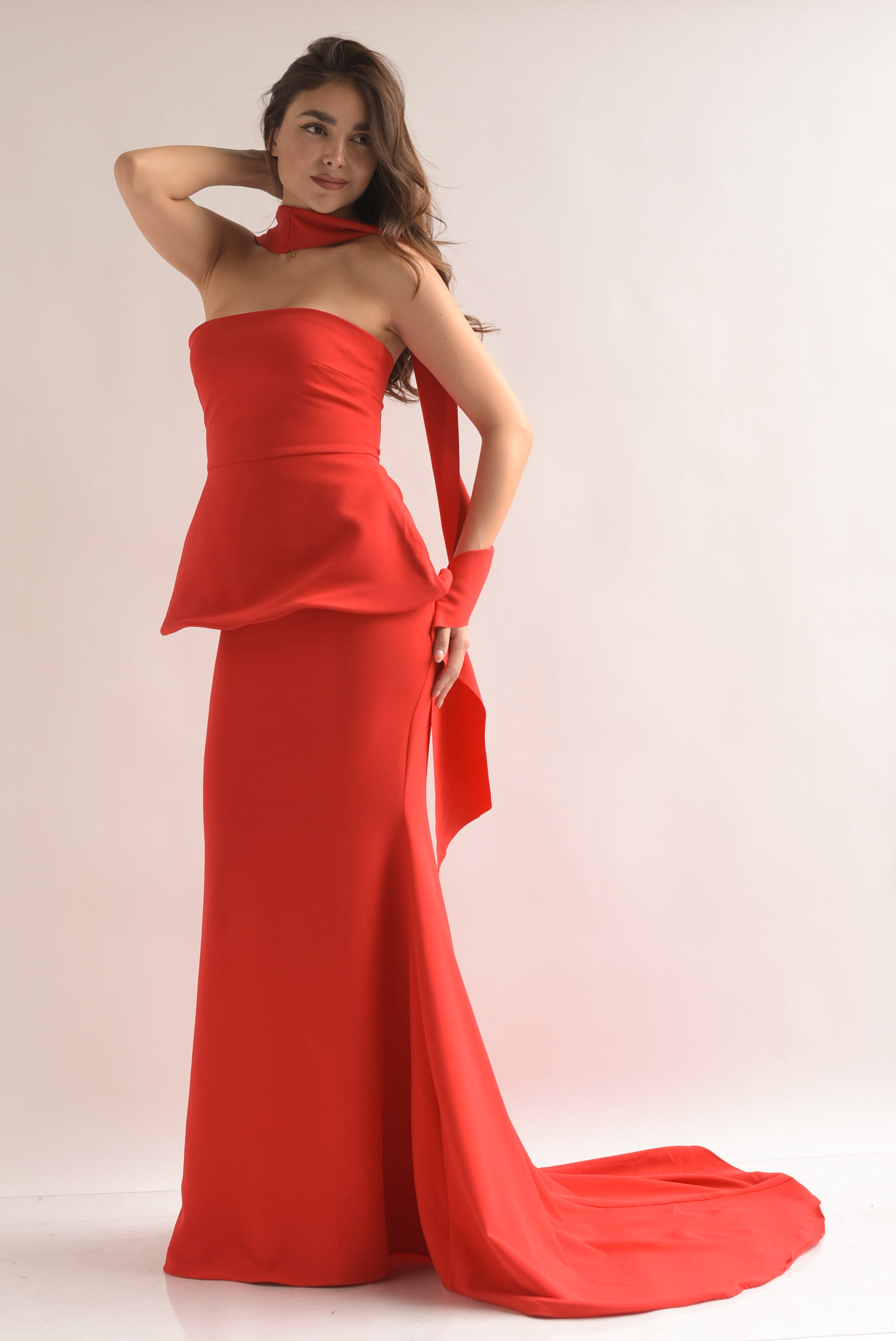 Vestido largo strapless peplum Rojo