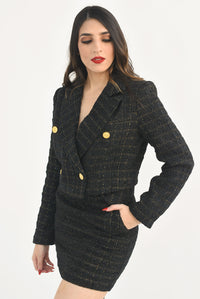 Fashion Styled Set Falda y Blazer cruzado crop tweed Negro con hilo dorado