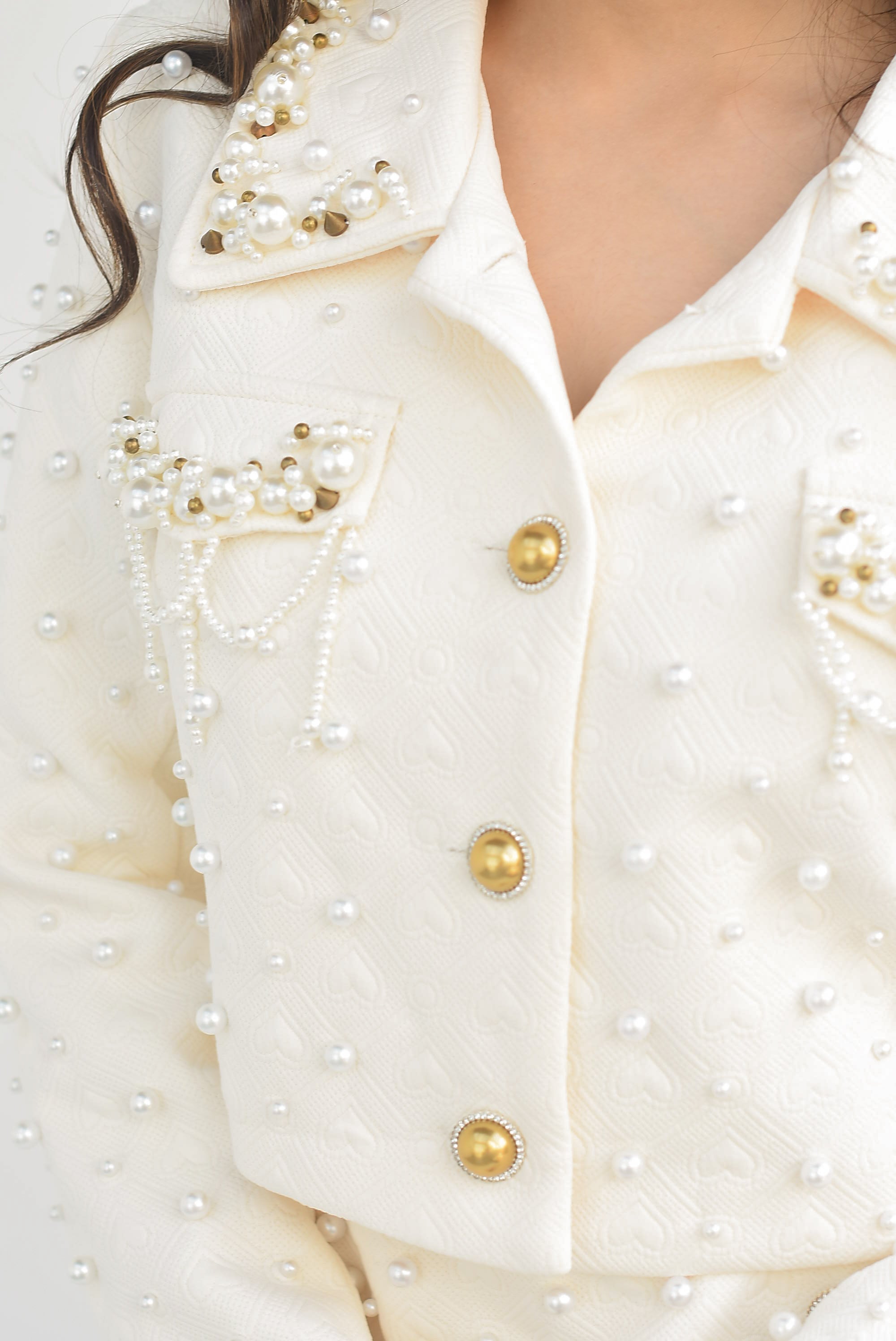 Set Falda y Blazer crop Corazones y Perlas Ivory