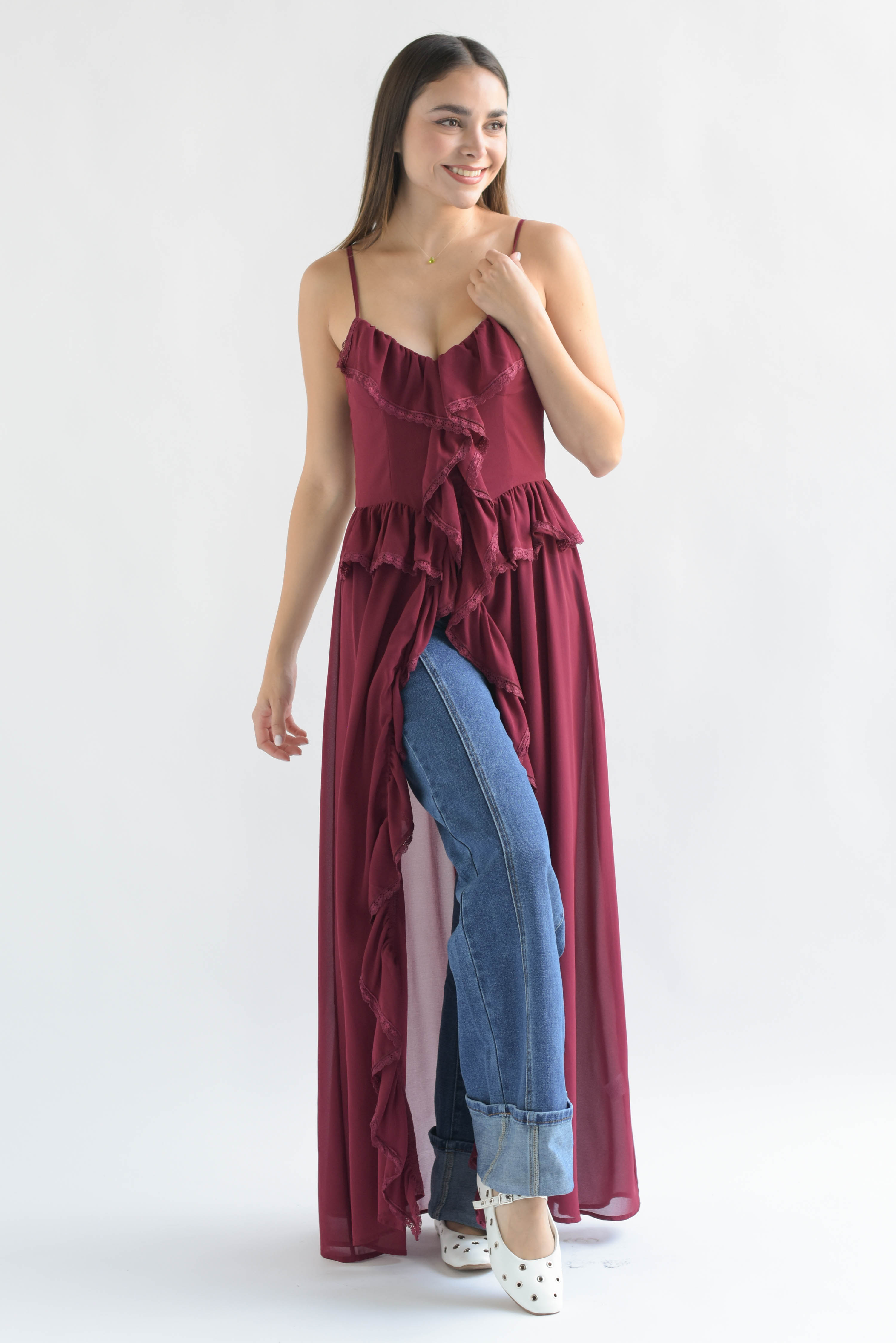 Maxi blusa olanes tira encaje Rojo