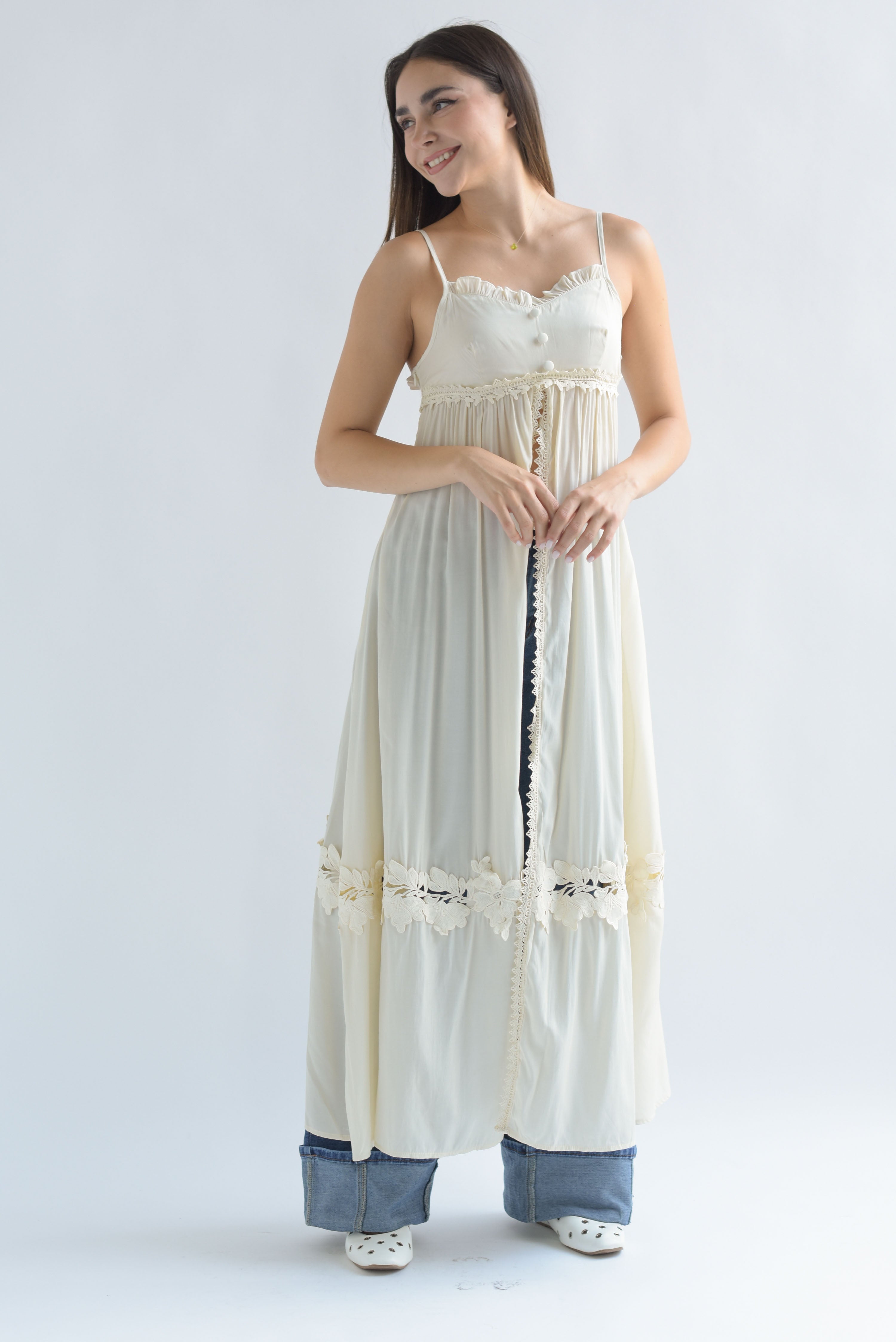 Maxi blusa tira bordada flores Ivory