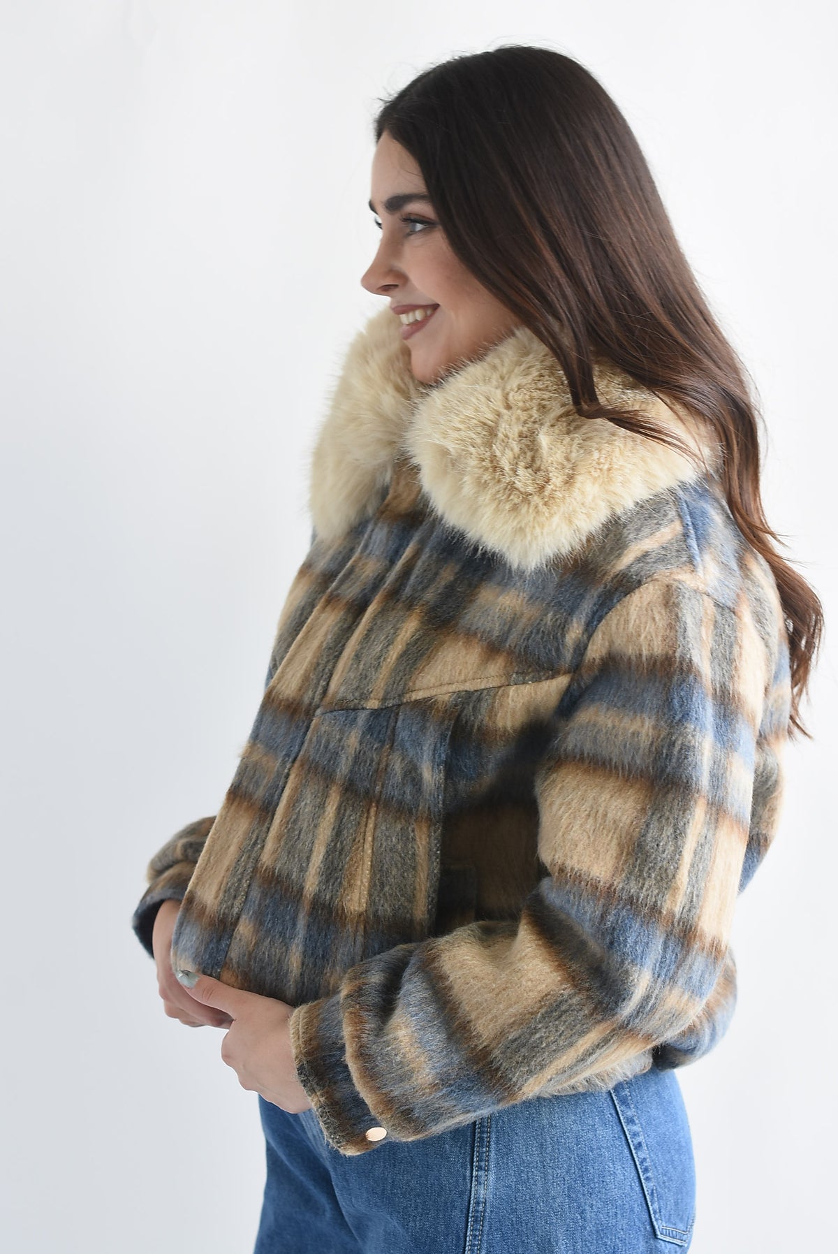 Chamarra cuello fur cuadros