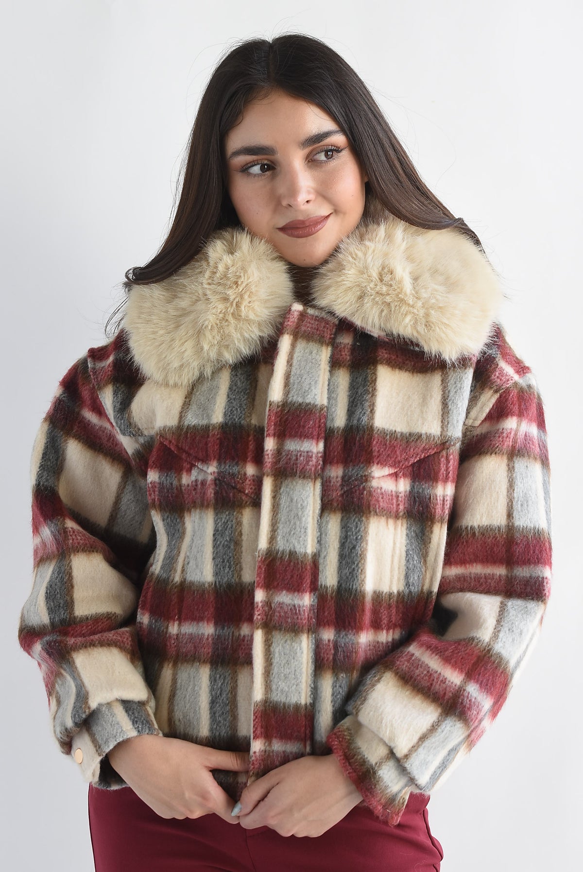 Chamarra cuello fur cuadros