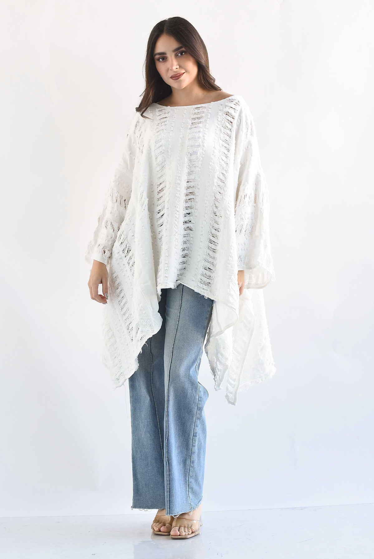 Poncho deshilado denim Blanco