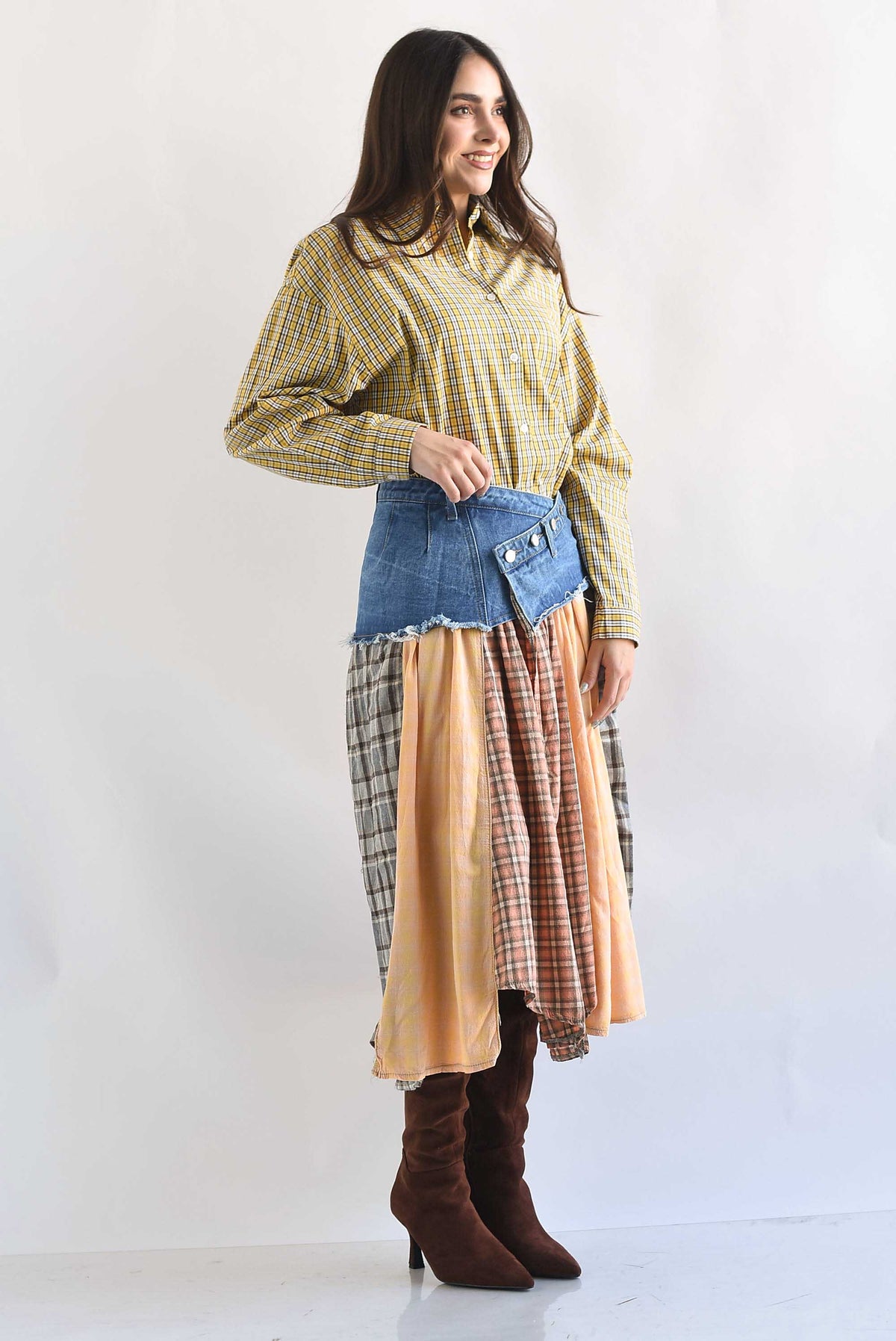 Falda patchwork cuadros pretina denim