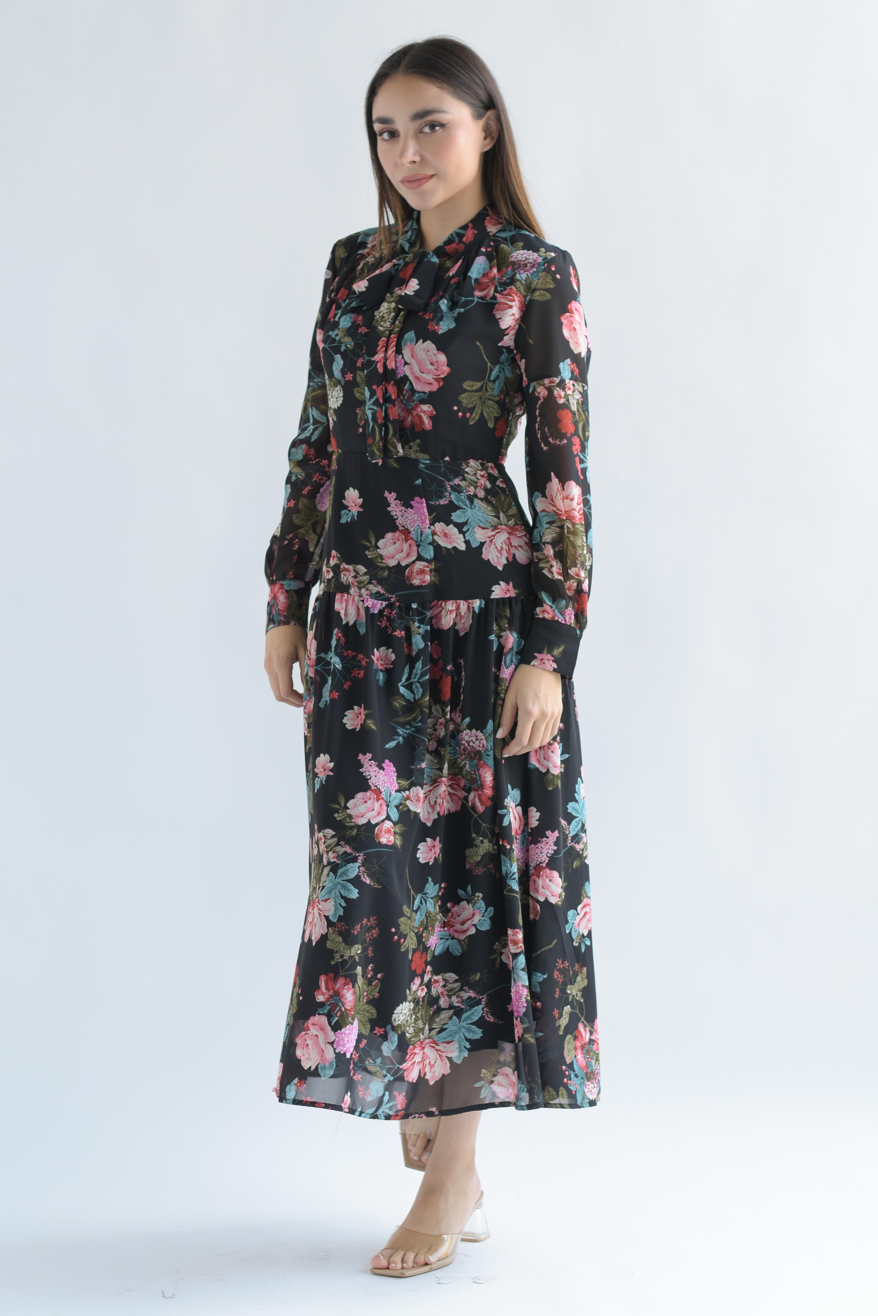 Vestido olán gasa flores Negro