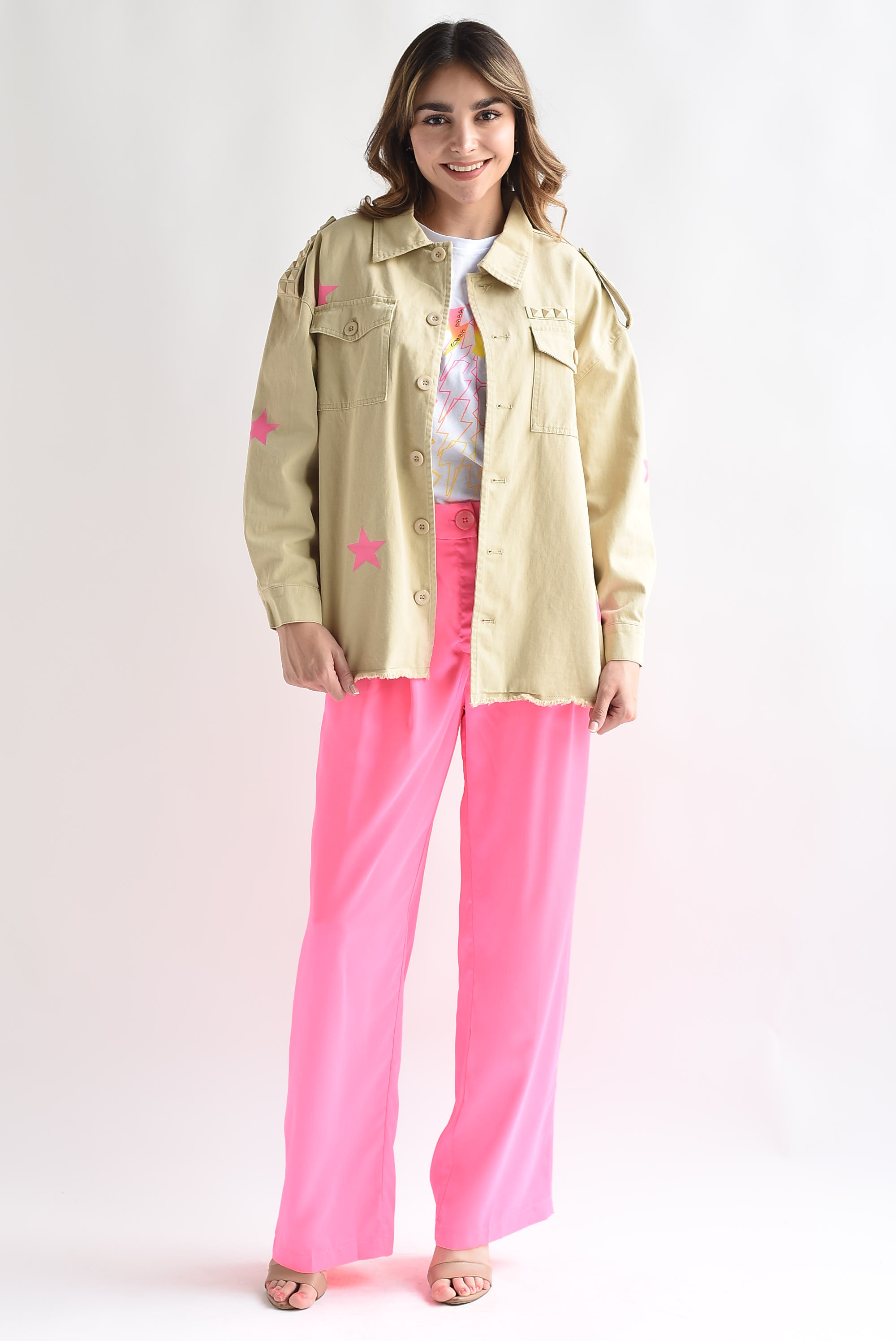 Pantalón pierna ancha pinzas Rosa Neón