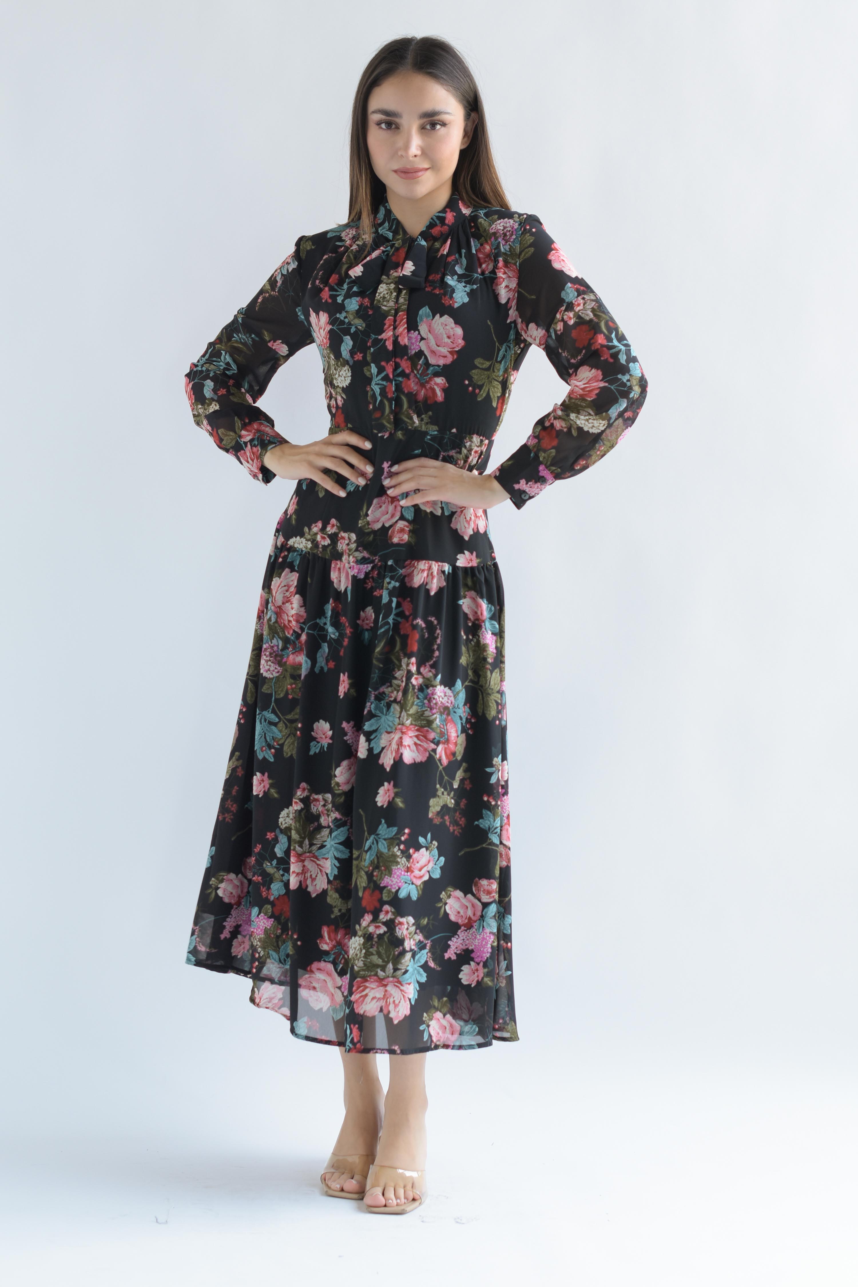 Vestido olán gasa flores Negro