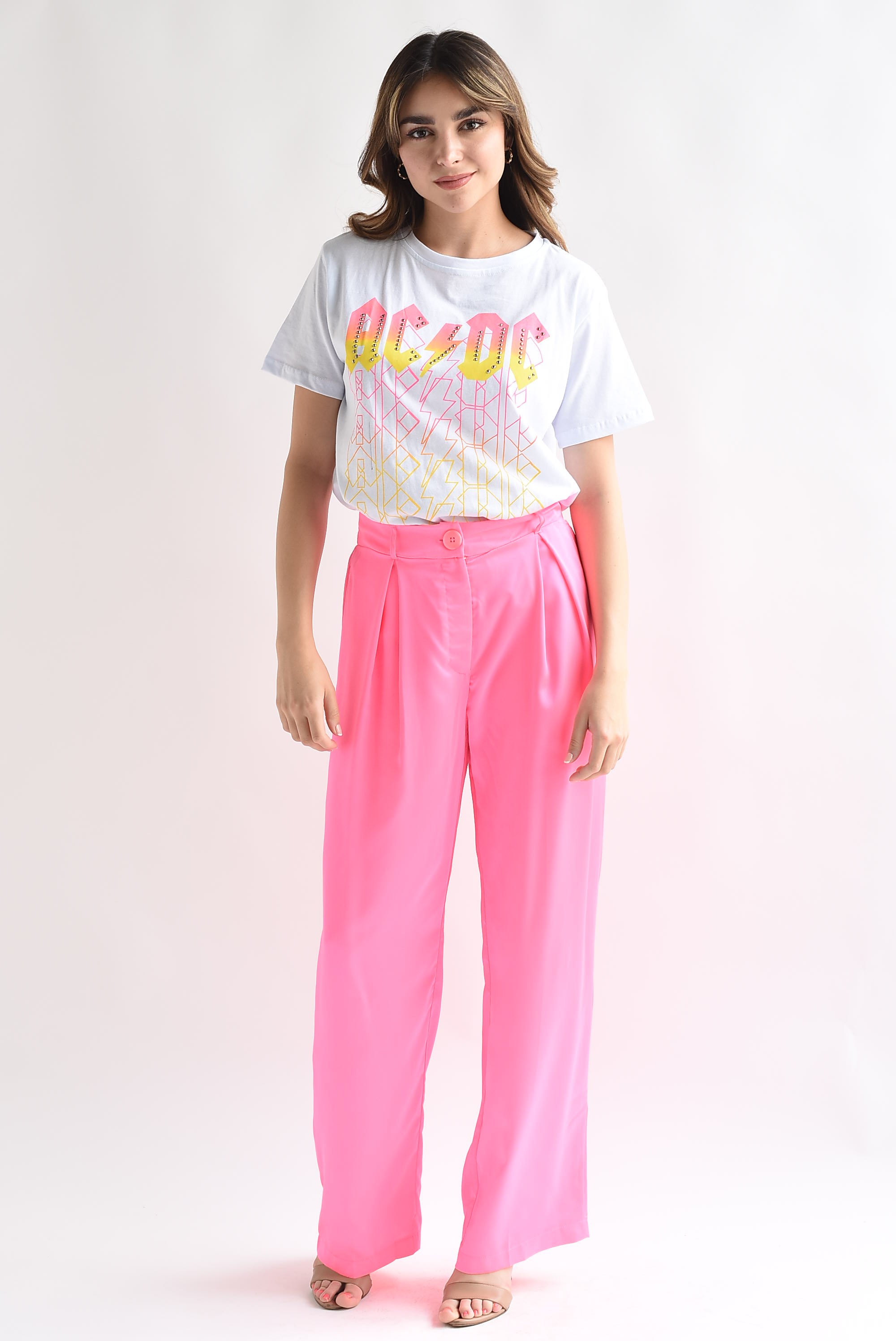 Pantalón pierna ancha pinzas Rosa Neón