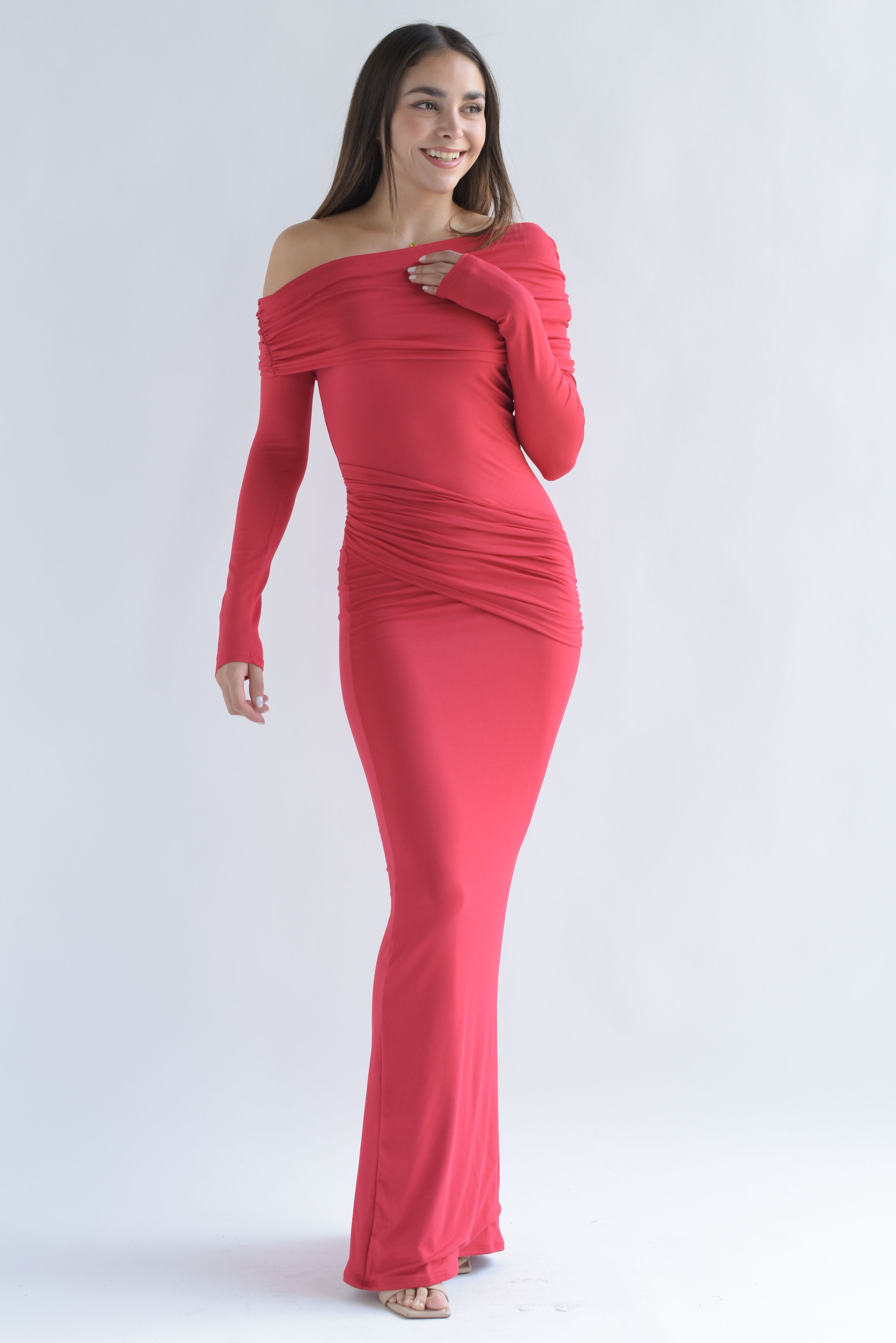 Vestido off-shoulder pretina drapeada Rojo