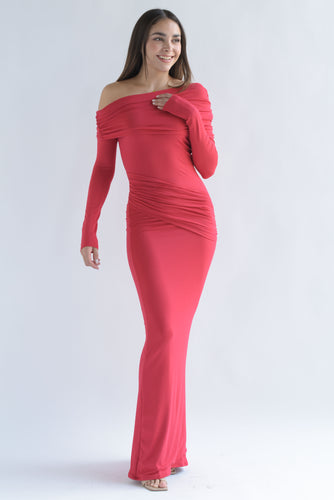 Vestido off-shoulder pretina drapeada Rojo