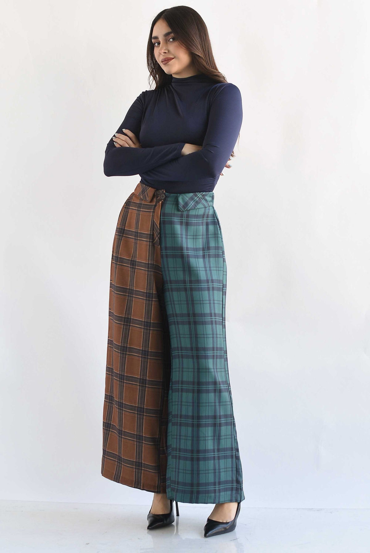 Pantalón pretina doblada cuadros
