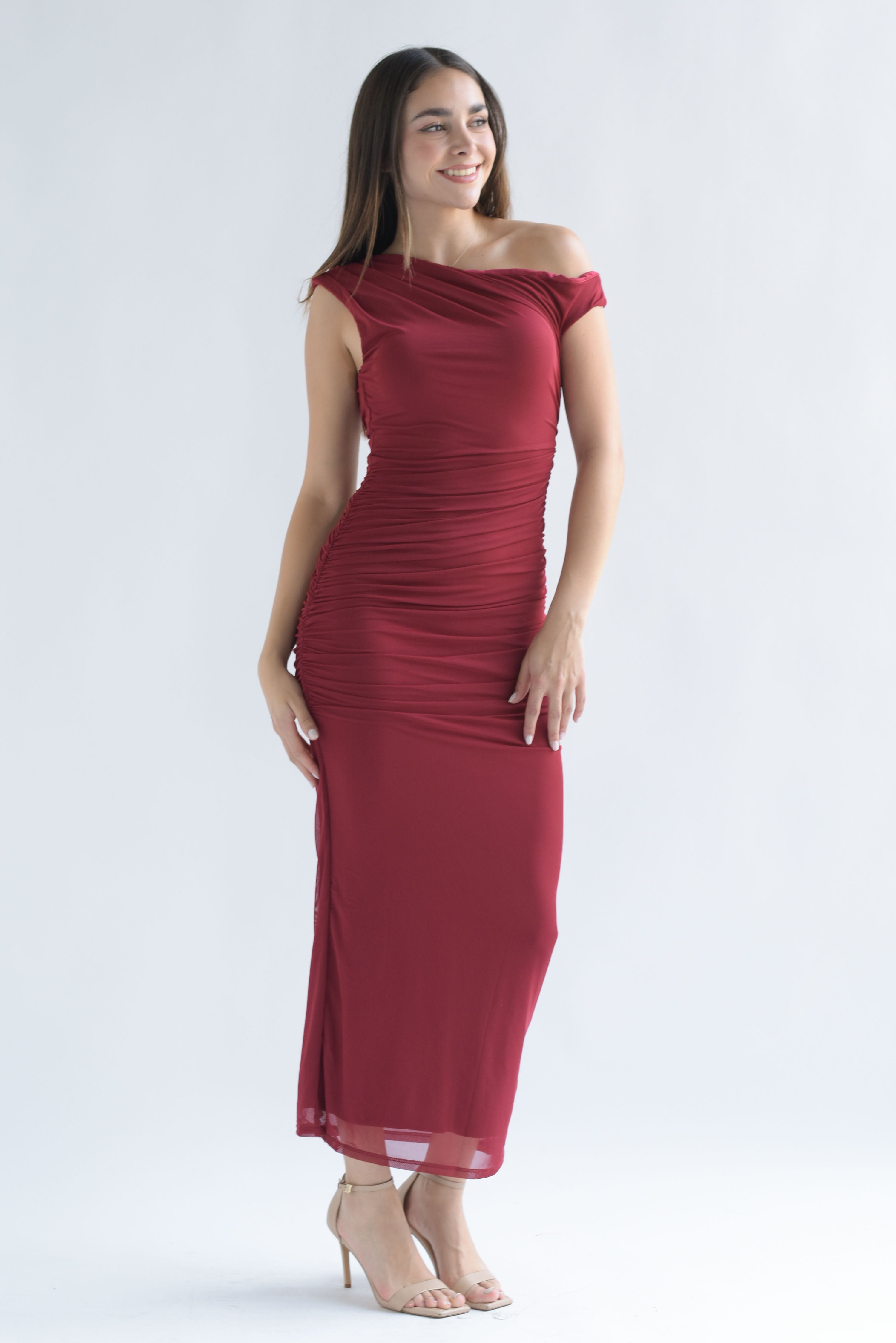 Vestido mesh drapeado asimétrico Rojo Cereza