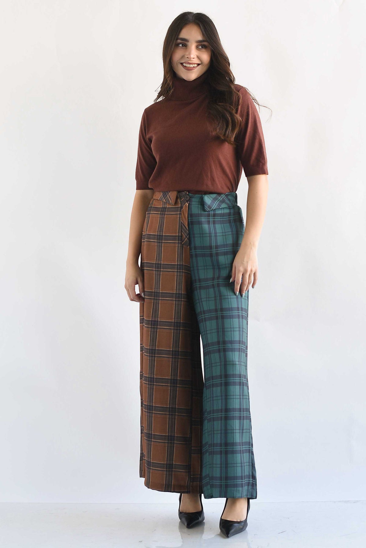 Pantalón pretina doblada cuadros