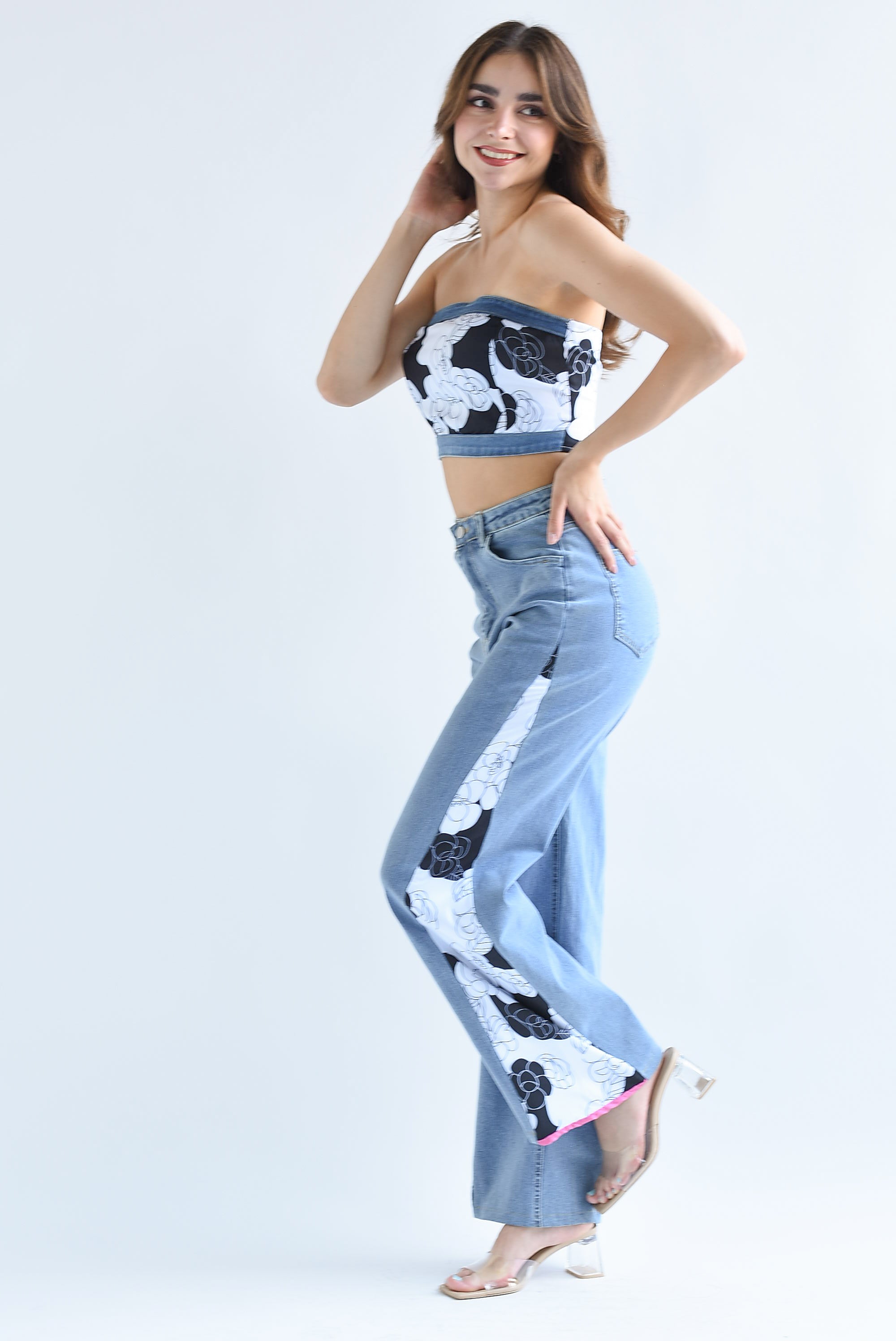 Set Pantalón y Top Denim con estampado flores