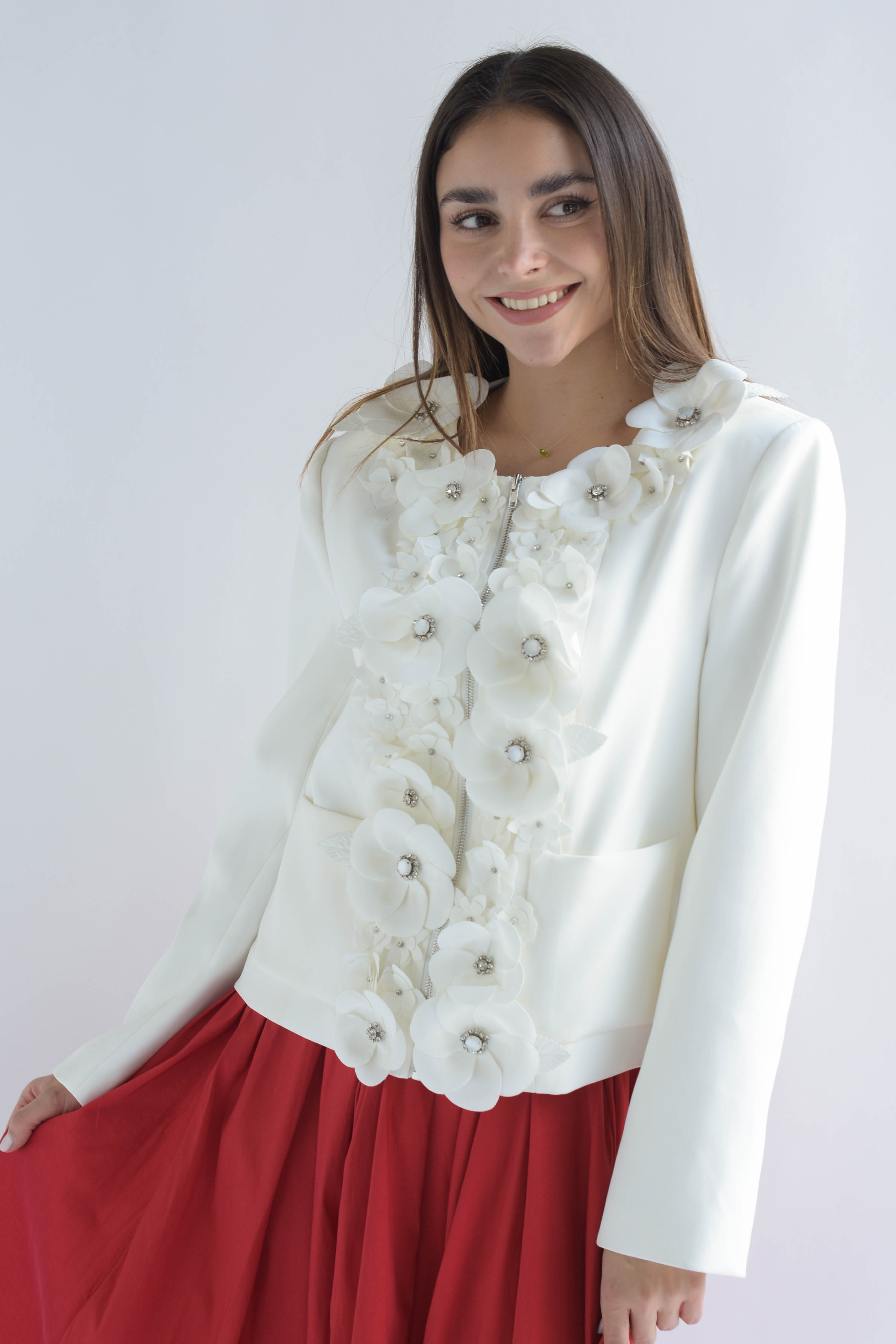 Blazer cierre flores Blanco