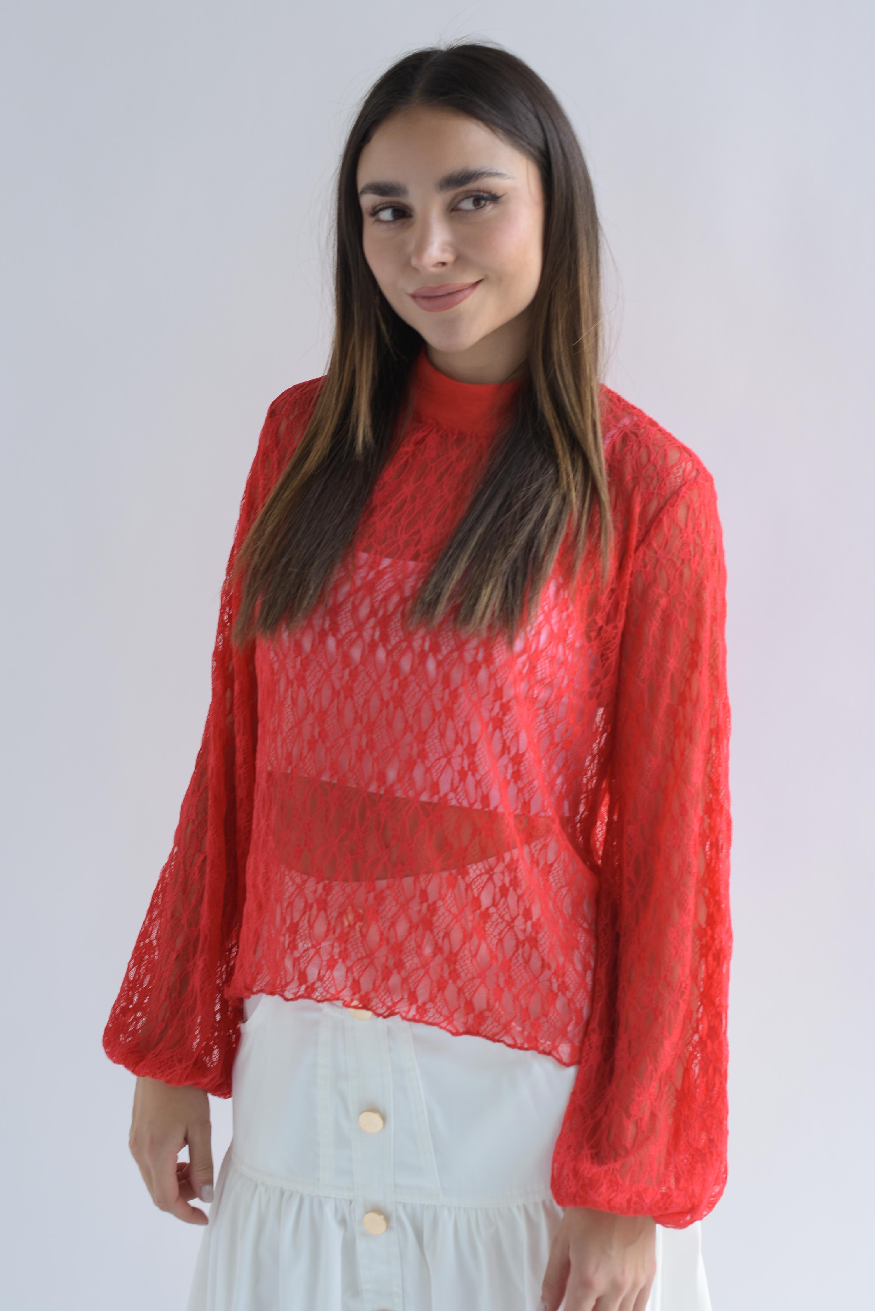 Blusa encaje asimétrica manga larga Rojo